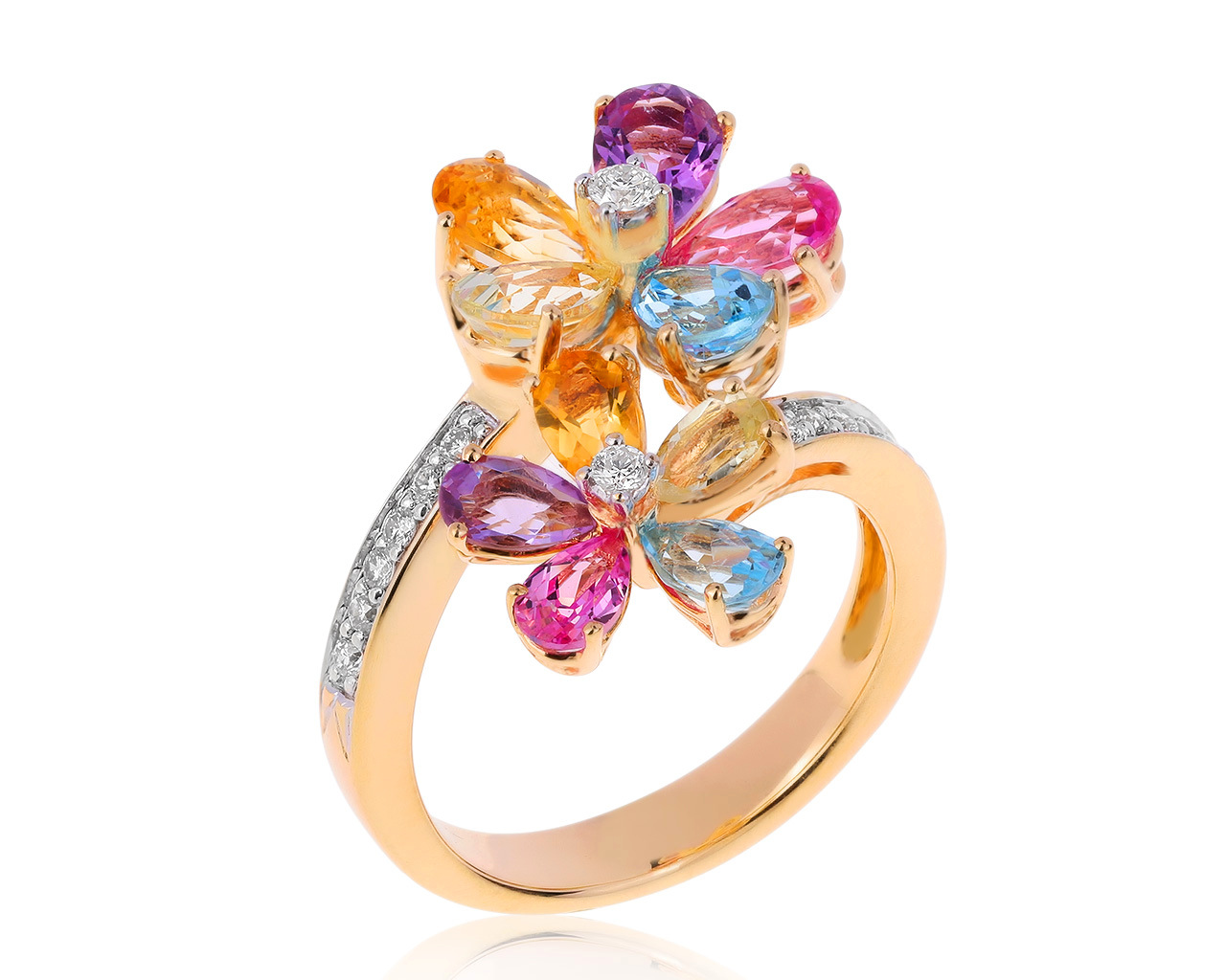 Коктейльное золотое кольцо с цветными камнями 2.25ct 051020/3