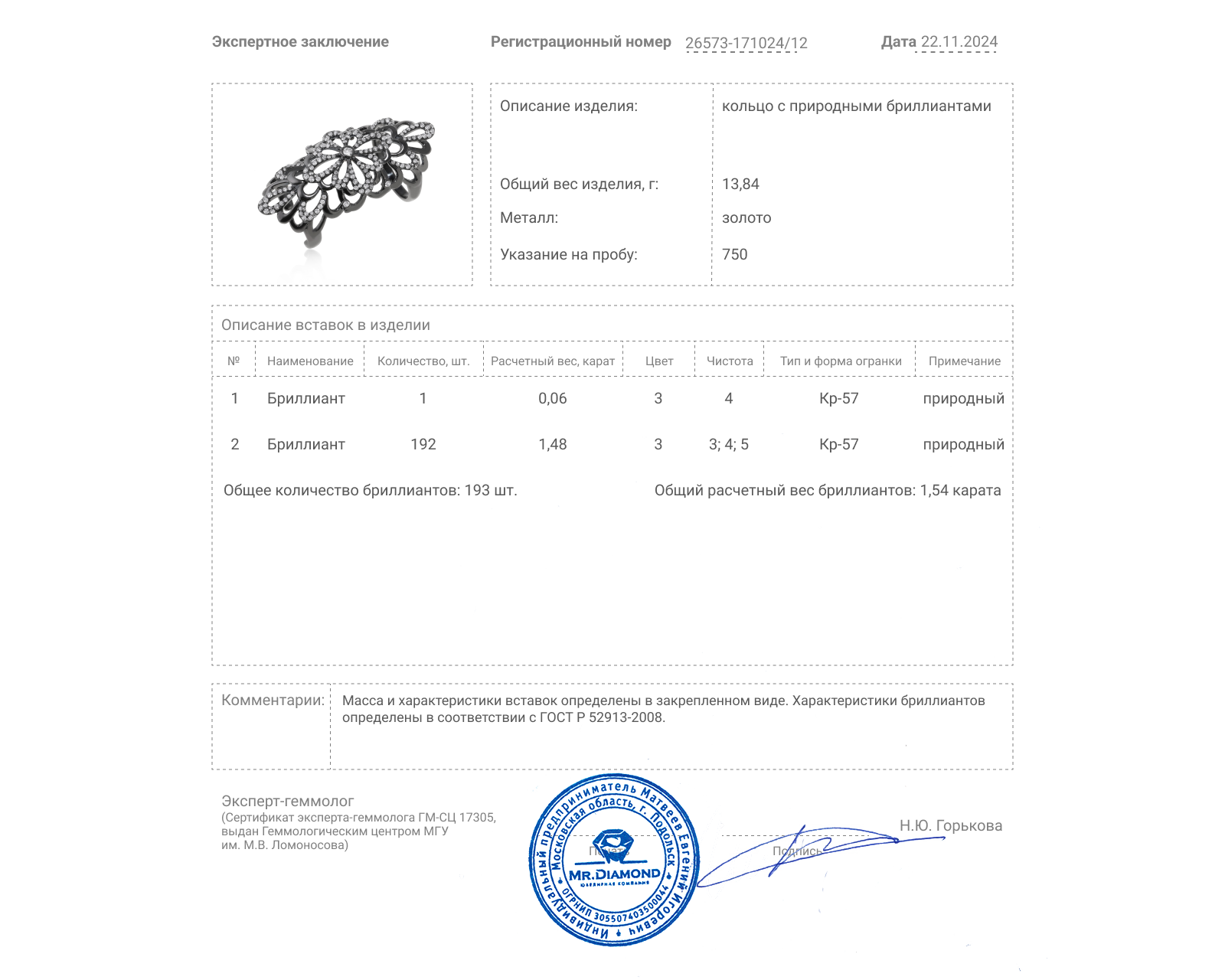 Золотое кольцо с бриллиантами 1.54ct