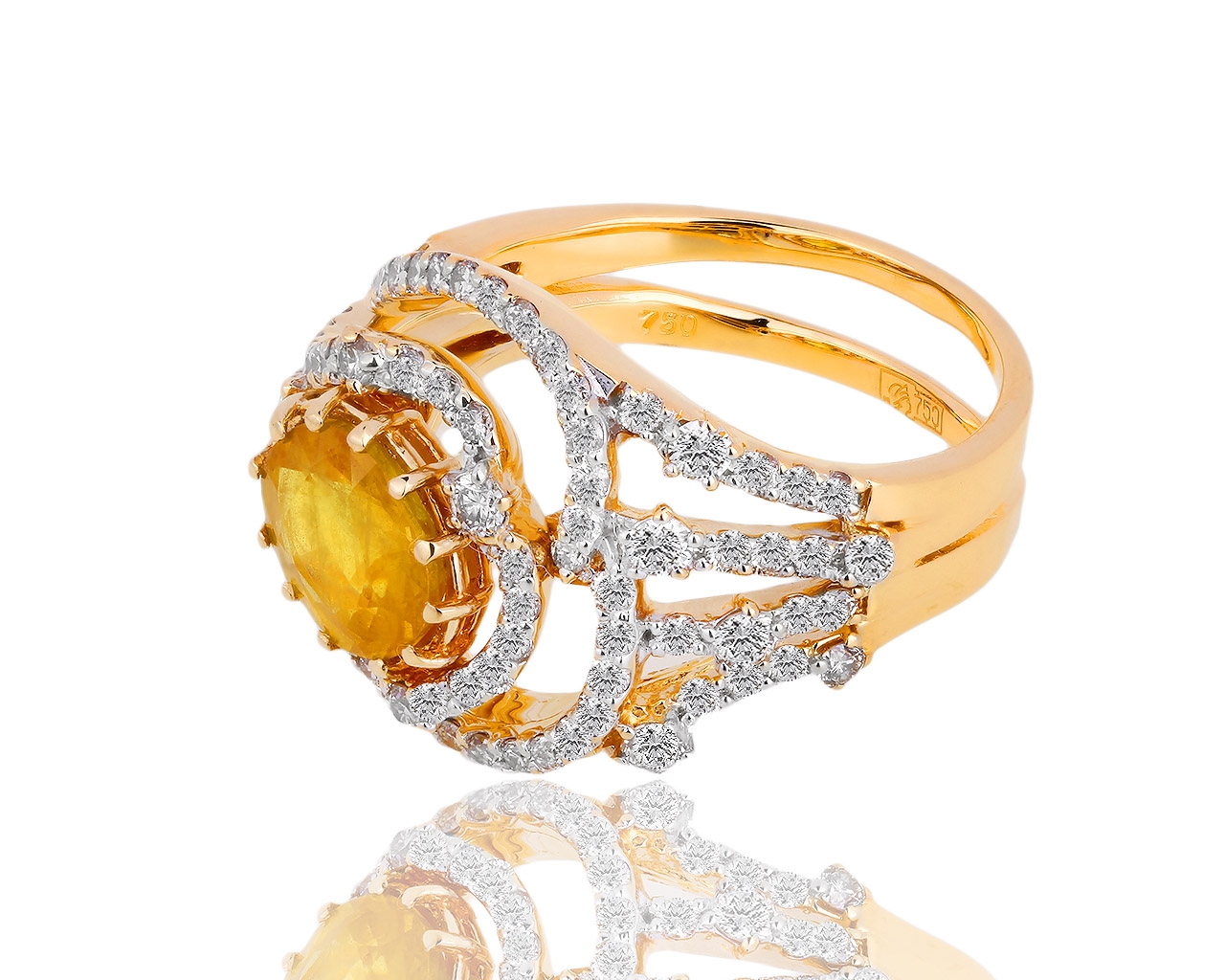 Золотое кольцо с желтым сапфиром и бриллиантами 0.73ct 120918/3