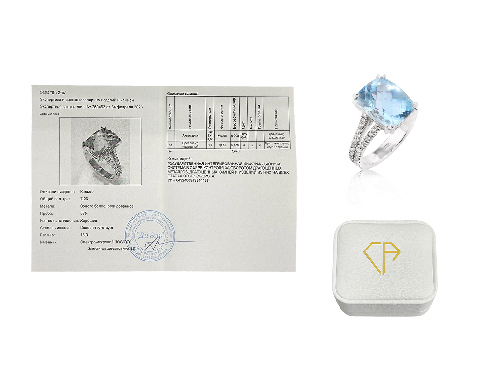 Оригинальное золотое кольцо с аквамарином 6.99ct Constantin Artmayer