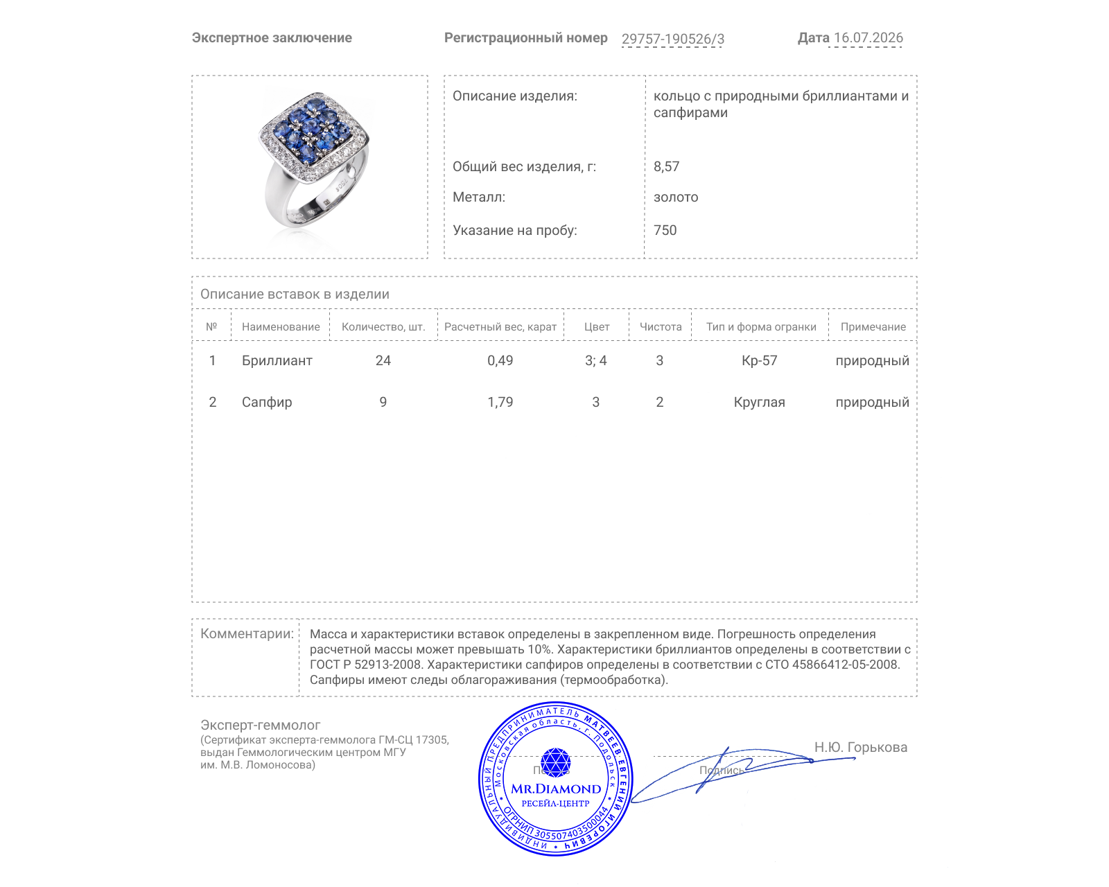 Золотое кольцо с сапфирами 1.79ct и бриллиантами 0.49ct