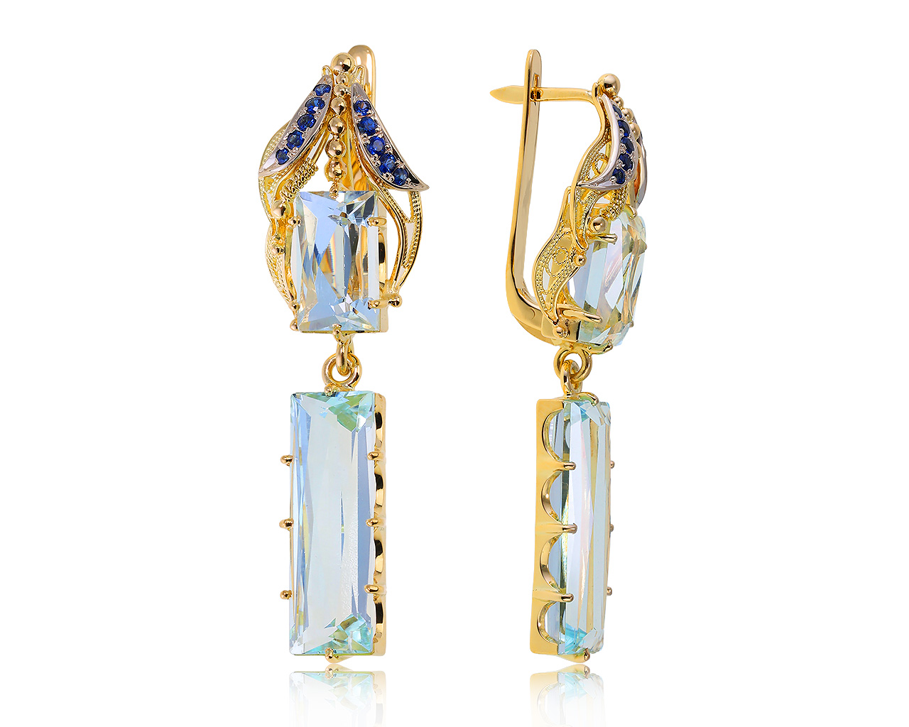 Роскошные золотые серьги с аквамаринами 22.04ct