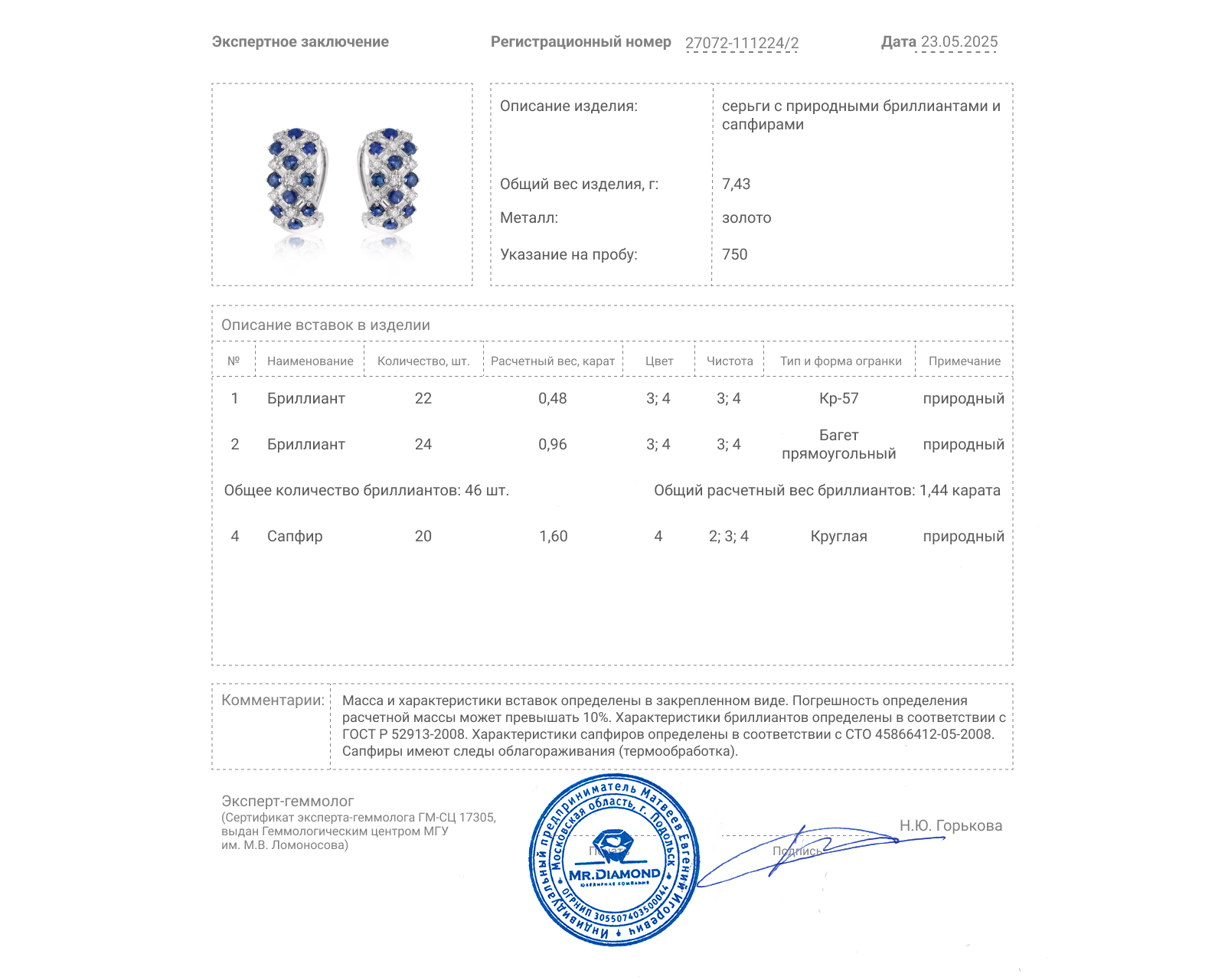Золотые серьги с сапфирами 1.60ct и бриллиантами 1.44ct