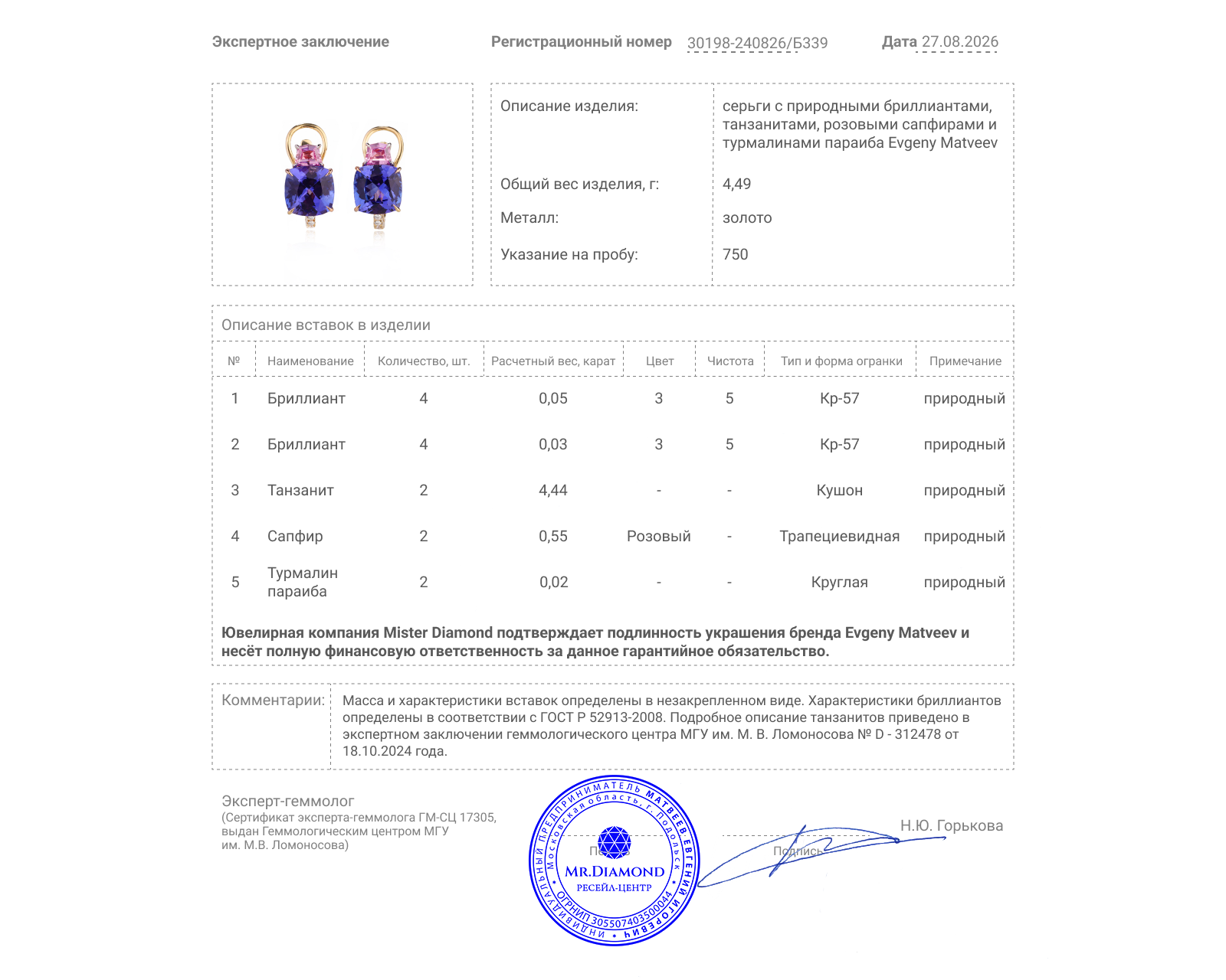 Золотые серьги с танзанитами 4.44ct и сапфирами 0.55ct Evgeny Matveev
