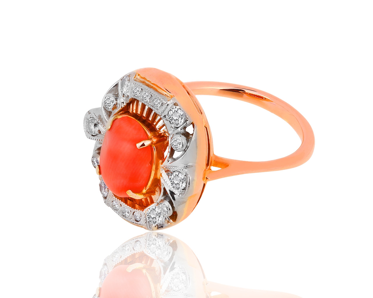 Золотое кольцо с кораллами и бриллиантами 0.26ct 161218/15