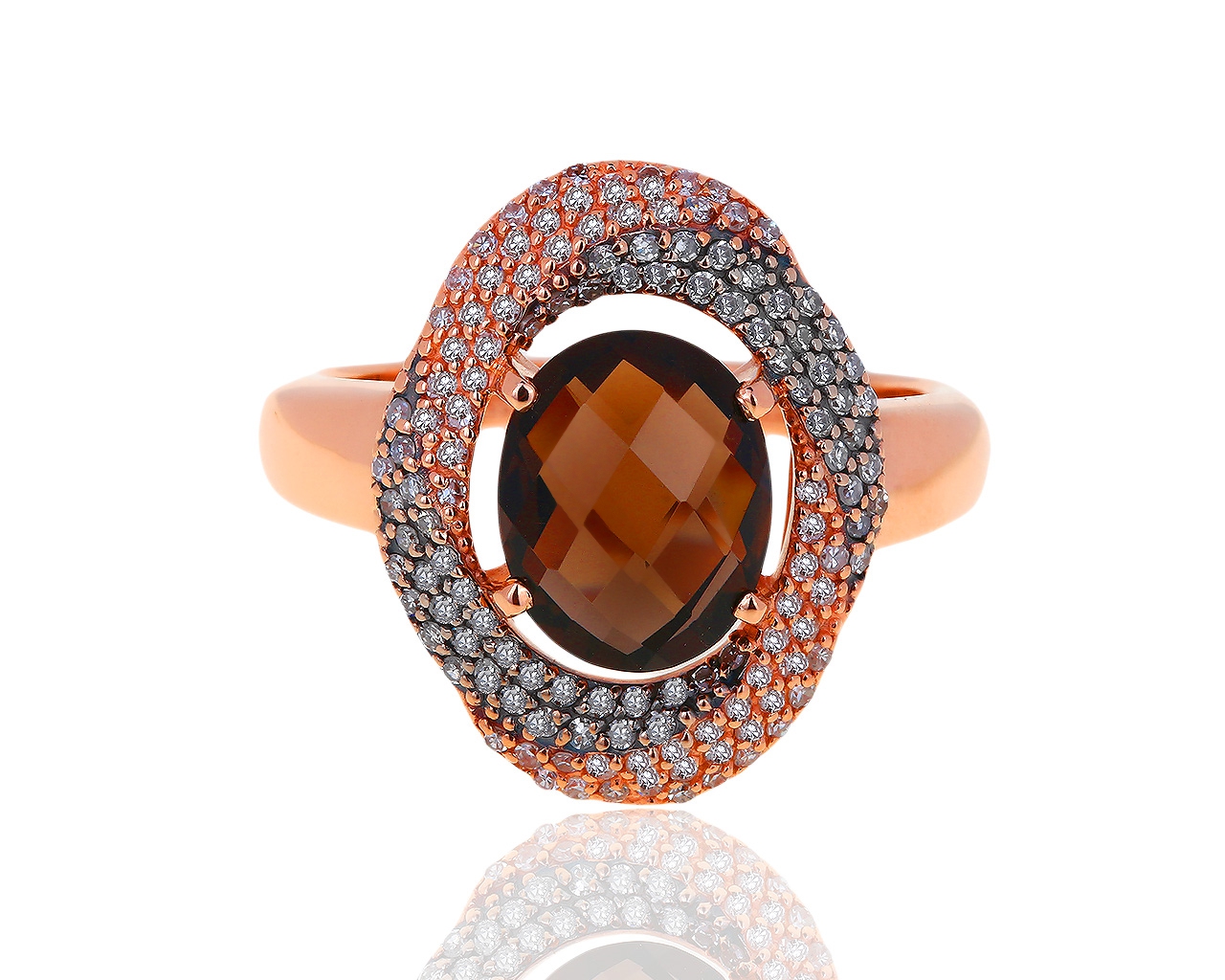 Золотое кольцо с дымчатым кварцем и бриллиантами 0.50ct 