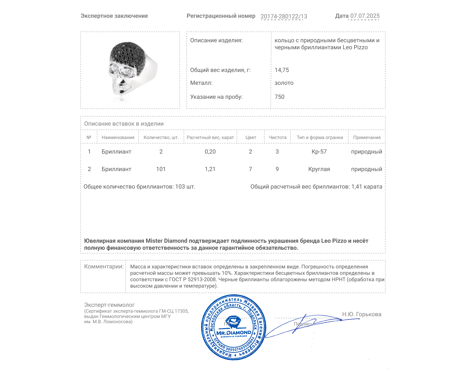 Оригинальное золотое кольцо с бриллиантами 1.41ct Leo Pizzo