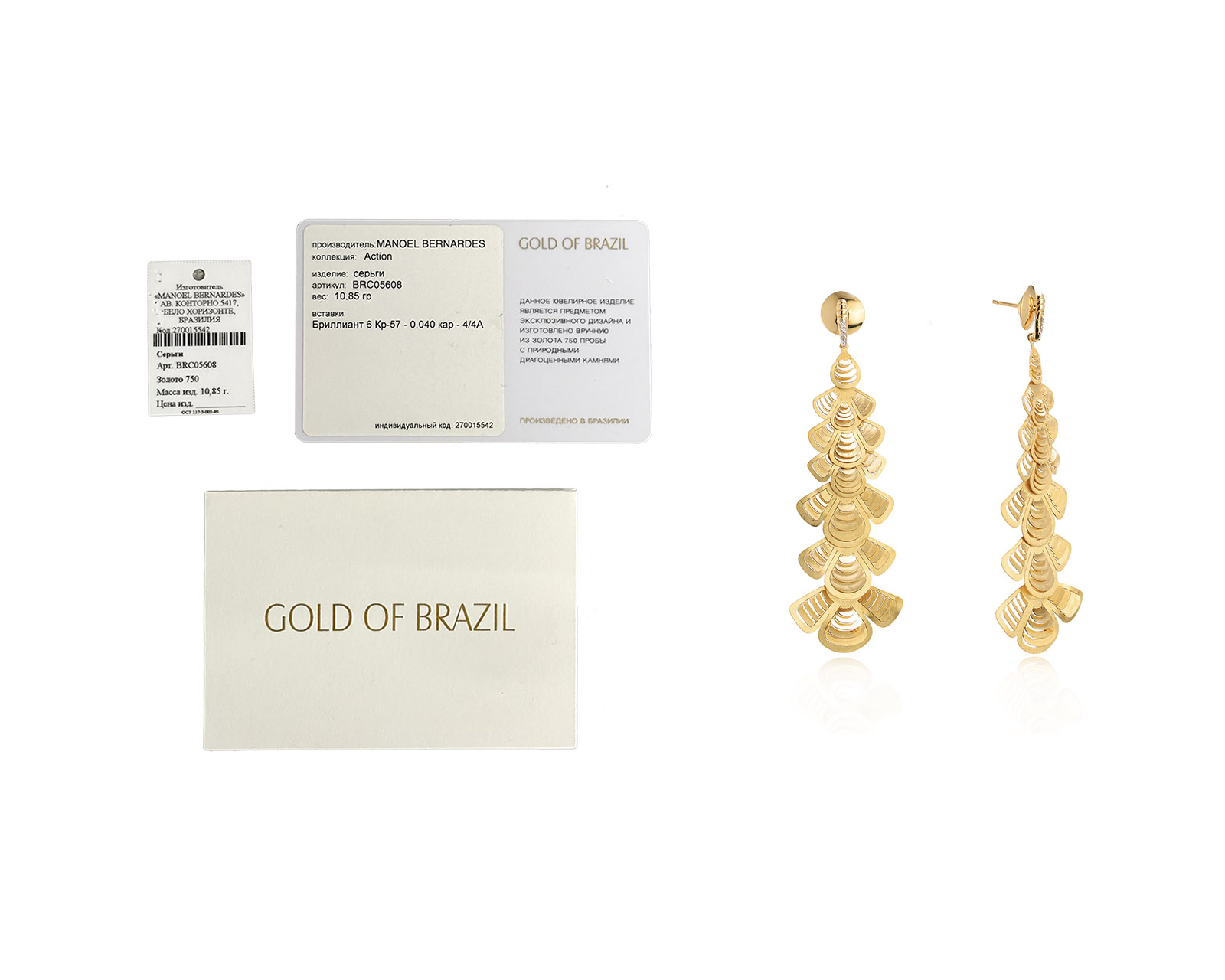 Оригинальные золотые серьги с бриллиантами 0.04ct Gold Of Brazil