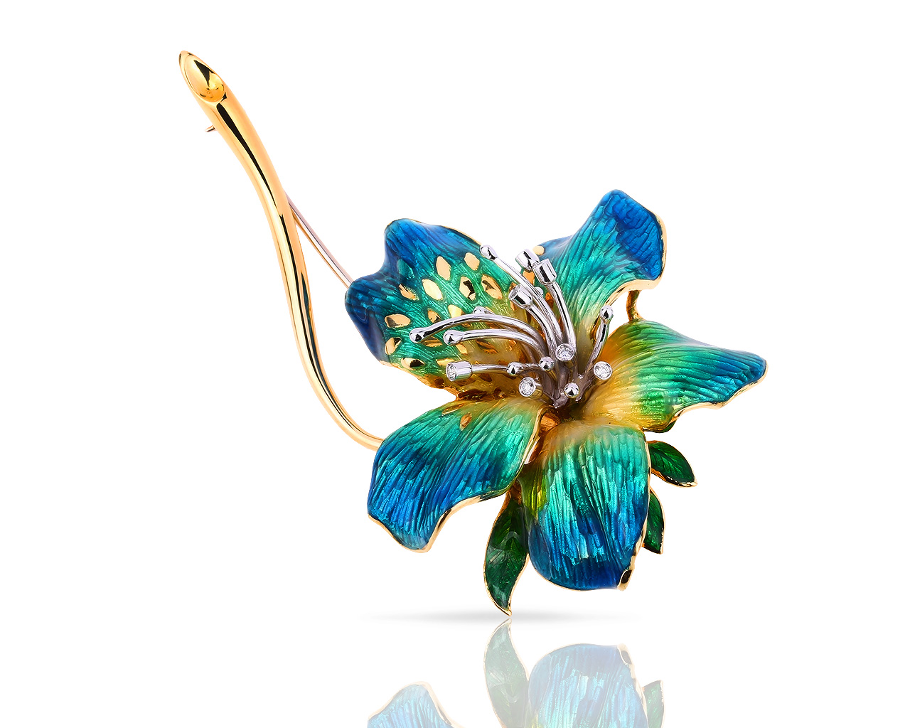 Итальянская золотая брошь с эмалями и бриллиантами 0.08ct 030418/7