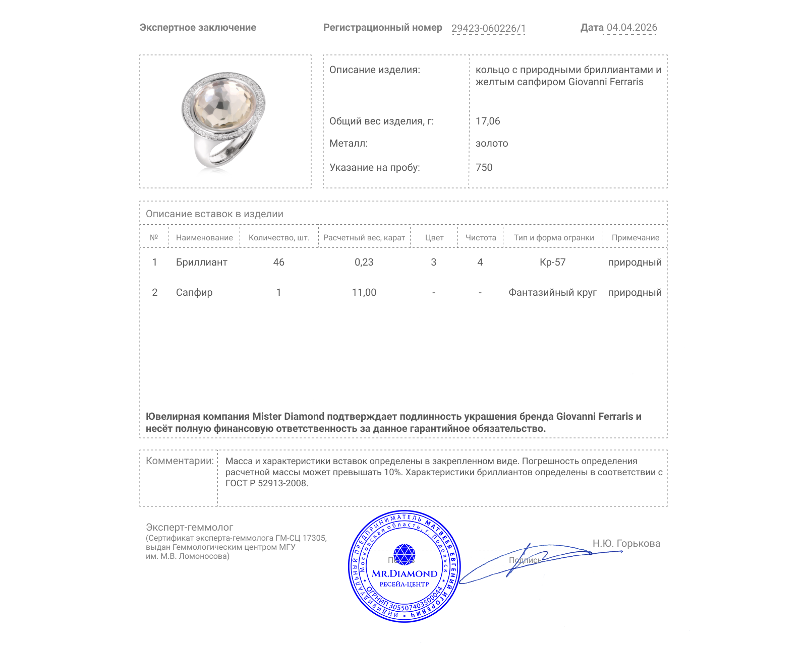 Оригинальное золотое кольцо с сапфиром 11.00ct Giovanni Ferraris