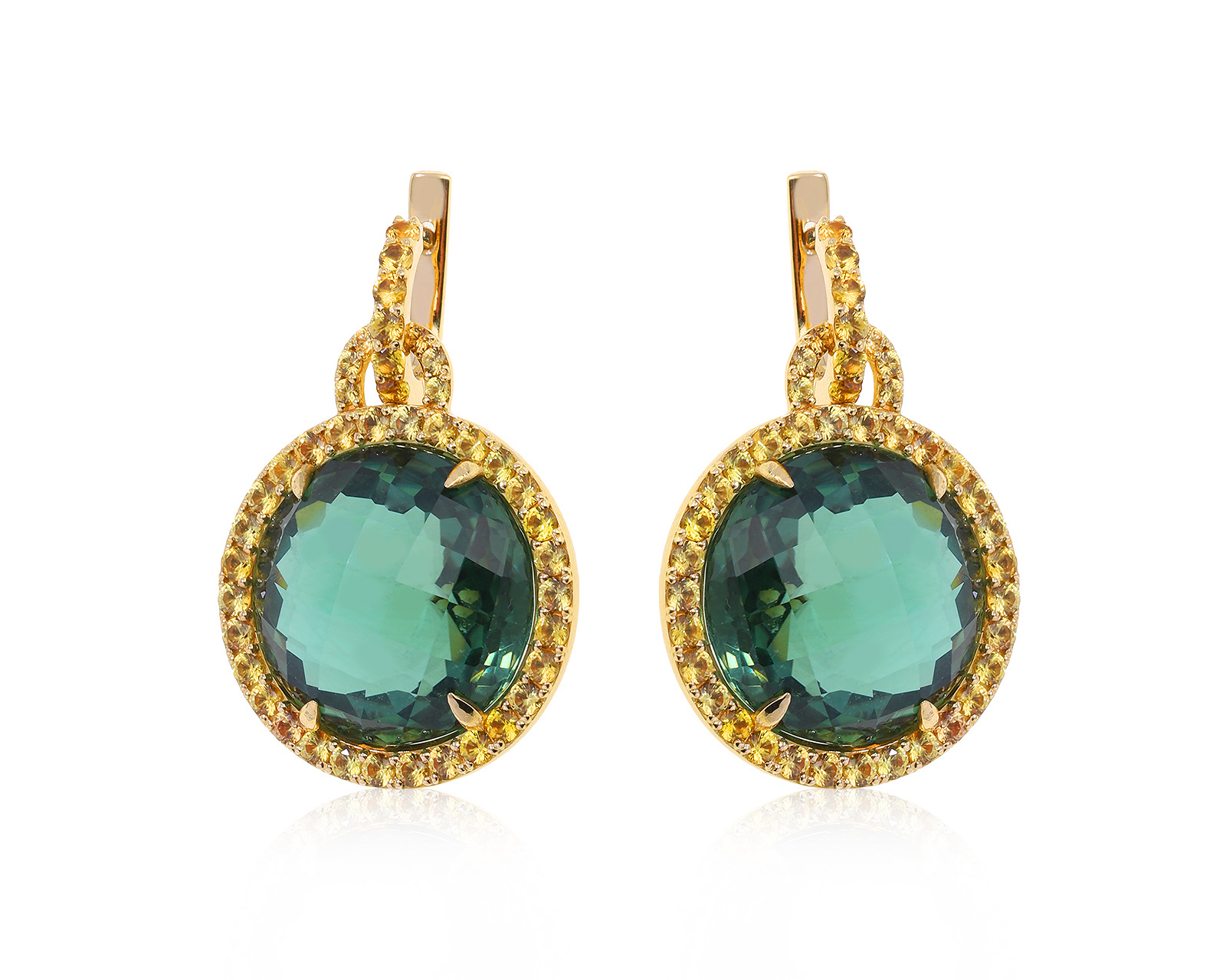 Изысканные золотые серьги с кварцами 34.28ct