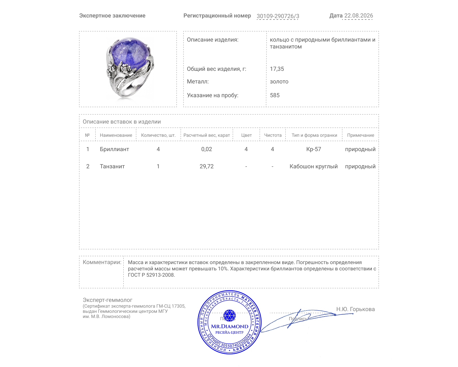 Золотое кольцо с танзанитом 29.72ct и бриллиантами 0.02ct