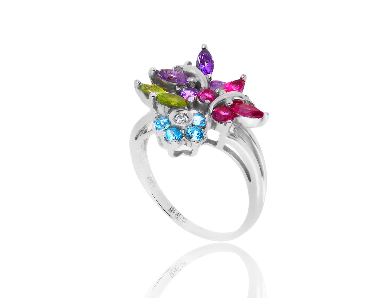 Красивое золотое кольцо с цветными камнями и бриллиантом 0.03ct 160419/14 Красивое золотое кольцо с цветными камнями и бриллиантом 0.03ct 160419/14