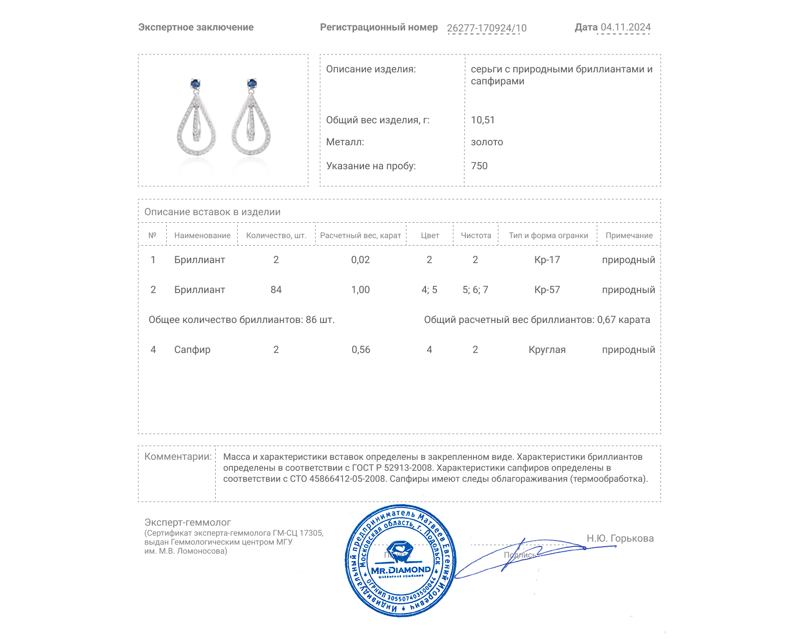 Золотые серьги с сапфирами 0.56ct и бриллиантами 1.02ct