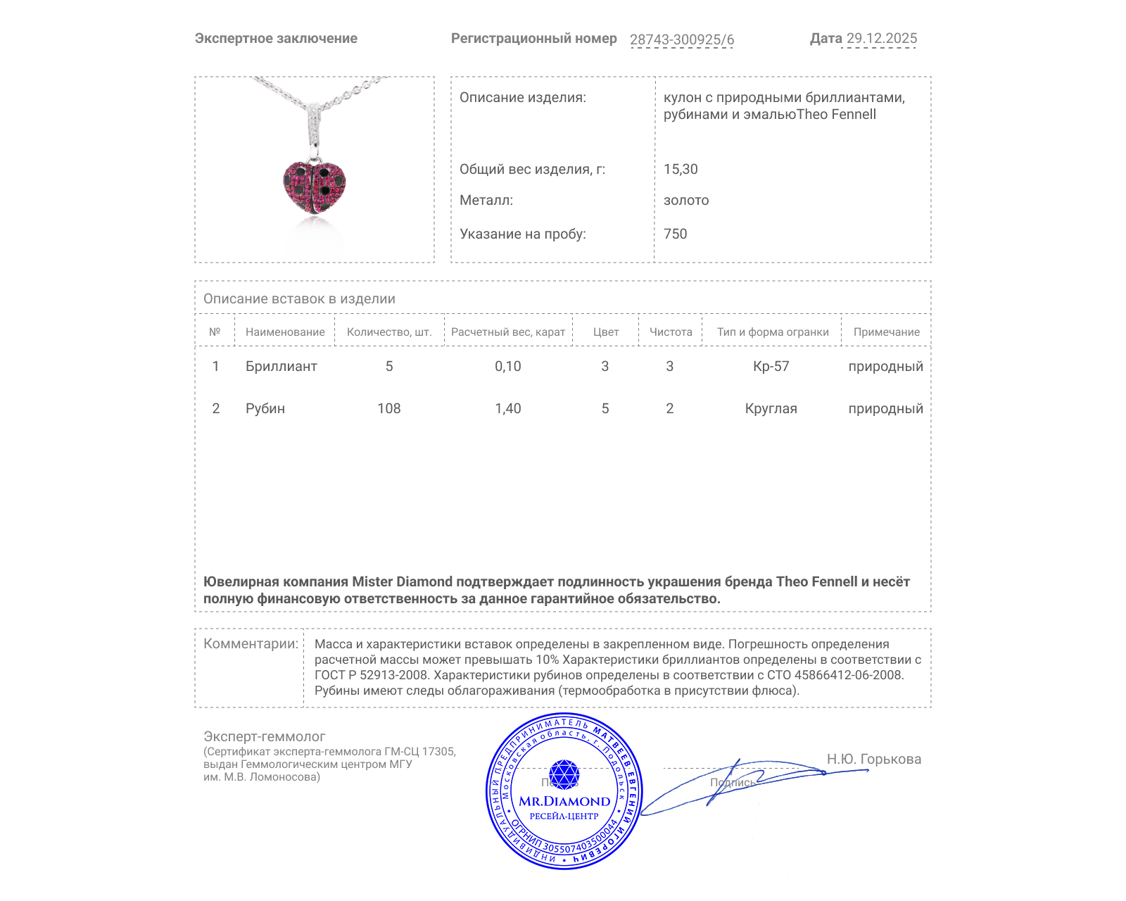 Оригинальный золотой кулон с рубинами 1.40ct Theo Fennell