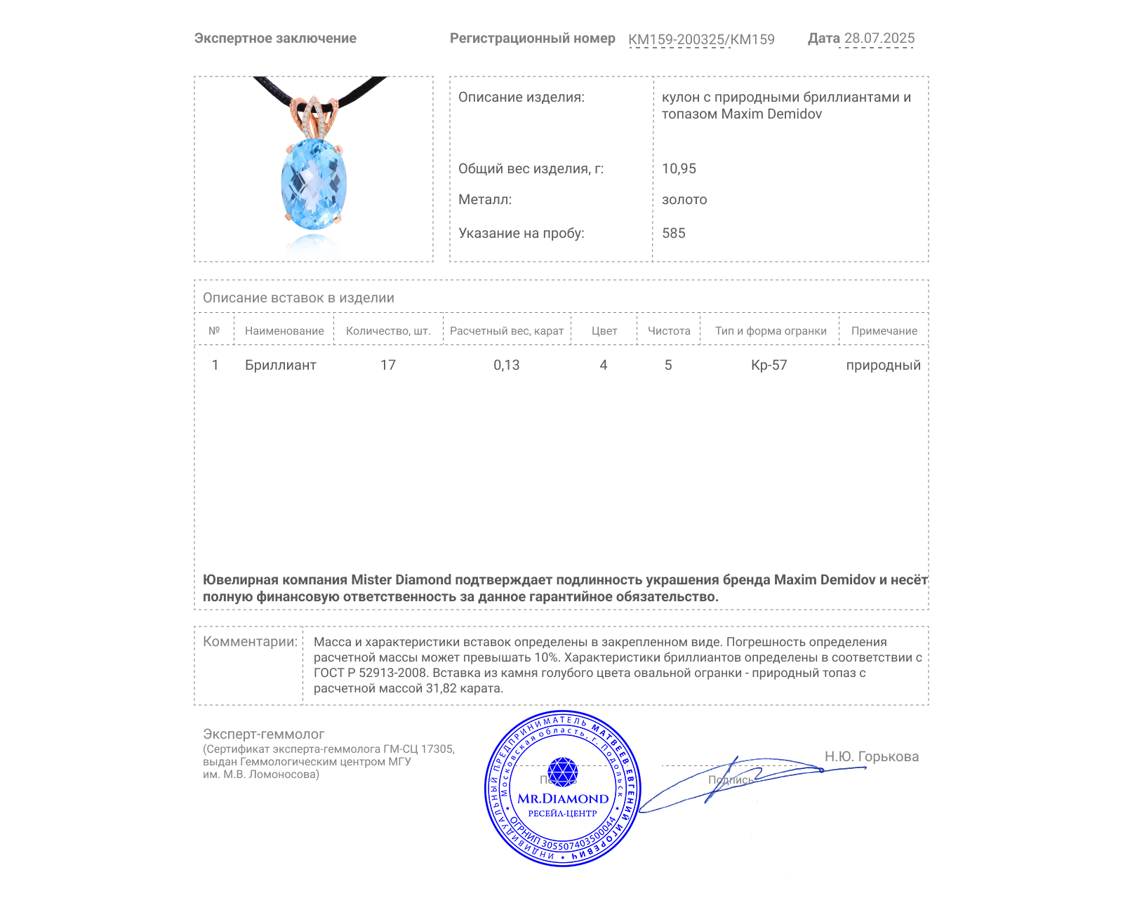 Оригинальный золотой кулон с топазом 31.82ct Maxim Demidov