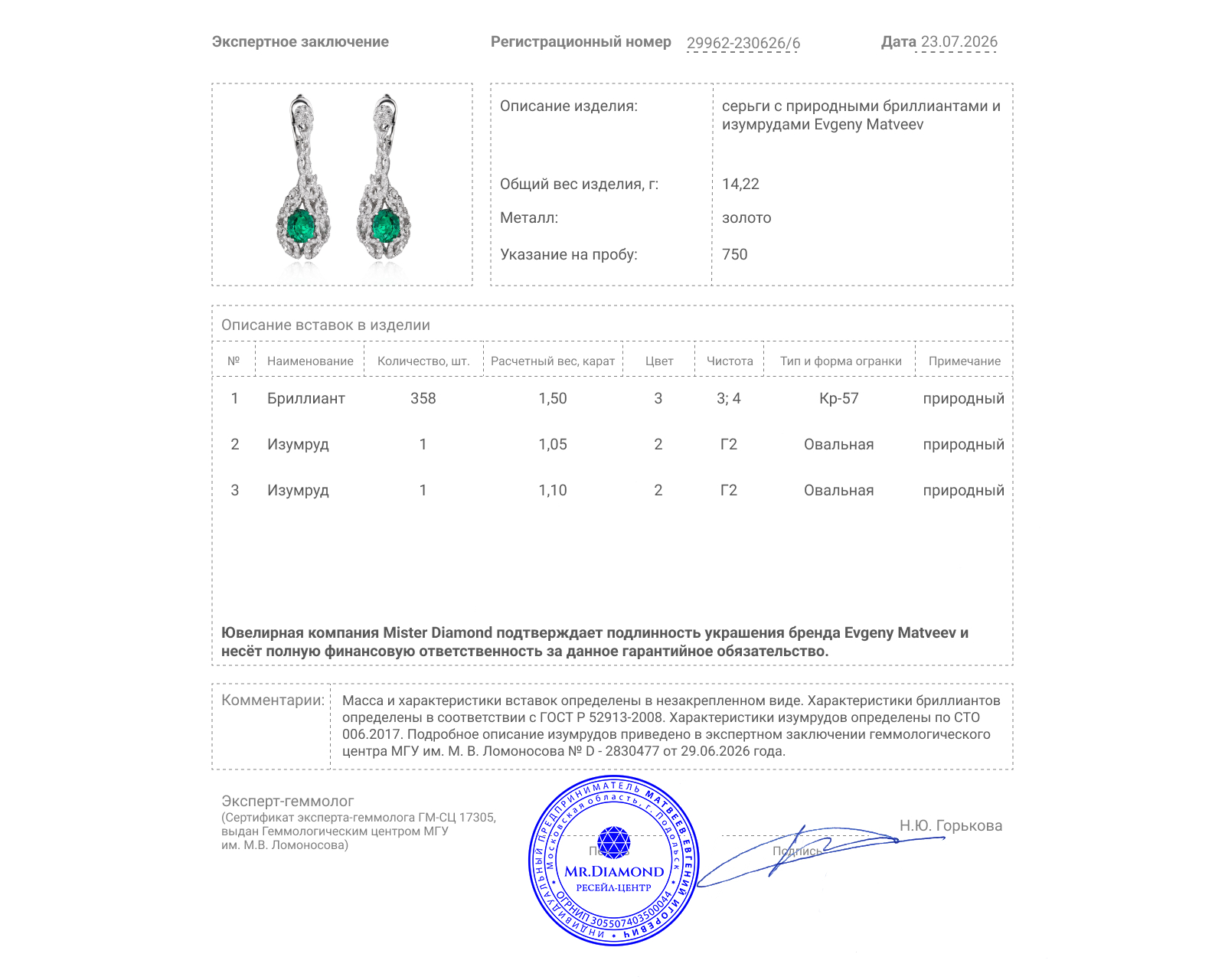 Золотые серьги с изумрудами 2.15ct и бриллиантами 1.50ct Evgeny Matveev