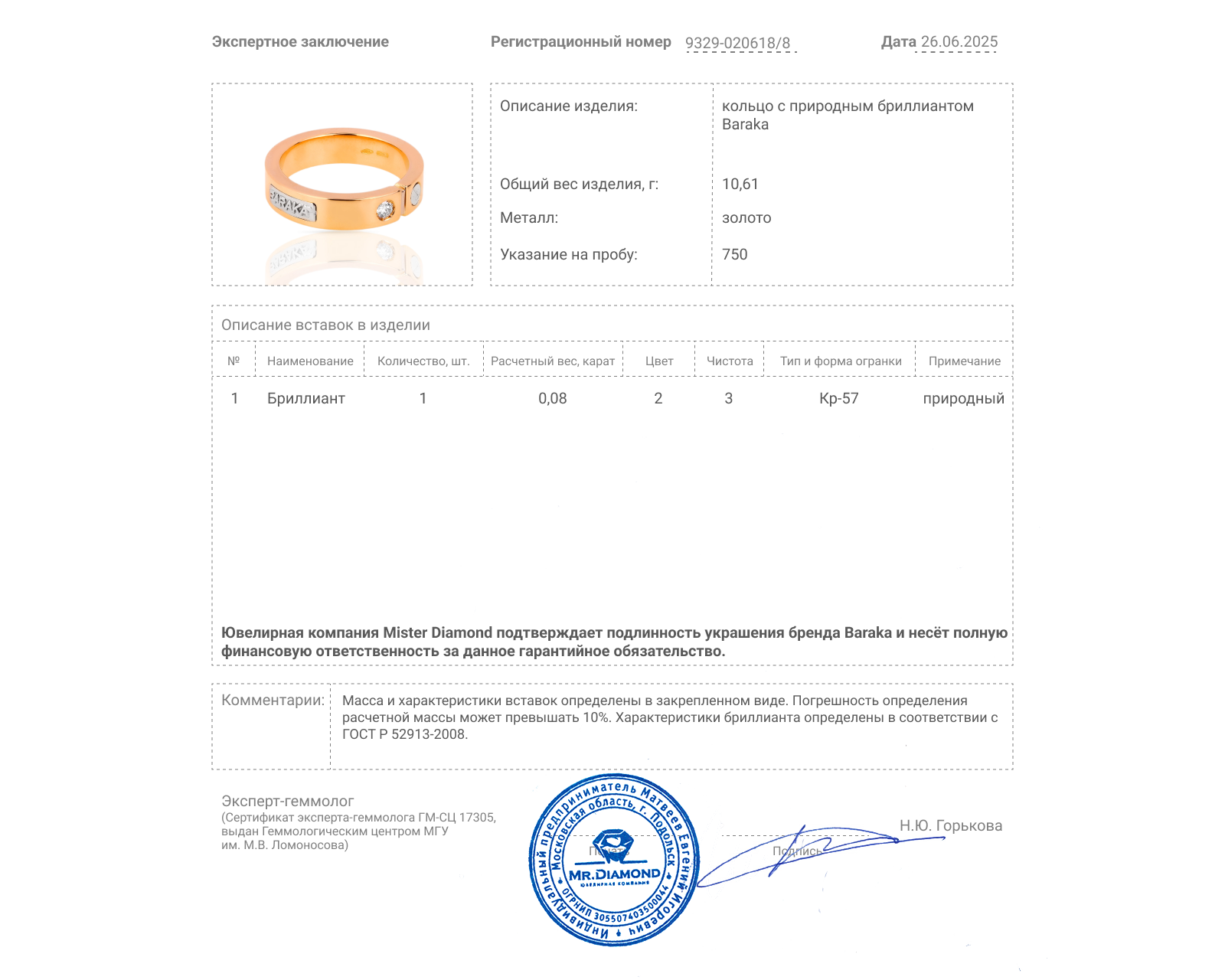 Оригинальное золотое кольцо с бриллиантом 0.08ct Baraka