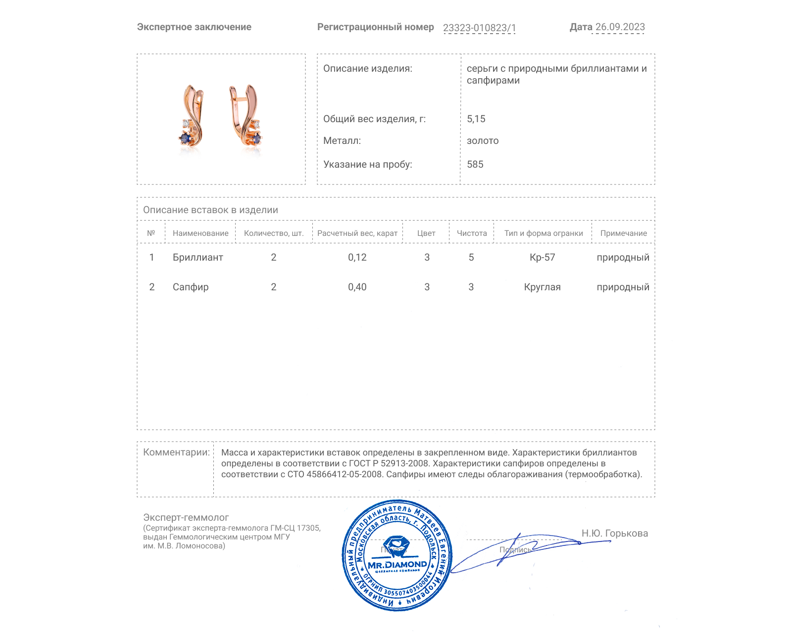 Золотые серьги с сапфирами 0.40ct и бриллиантами 0.12ct