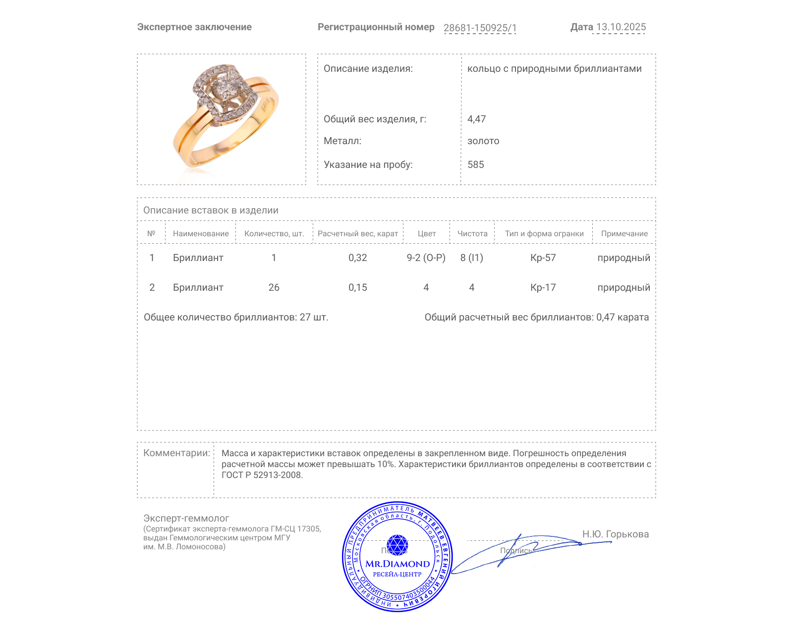 Золотое кольцо с бриллиантами 0.47ct