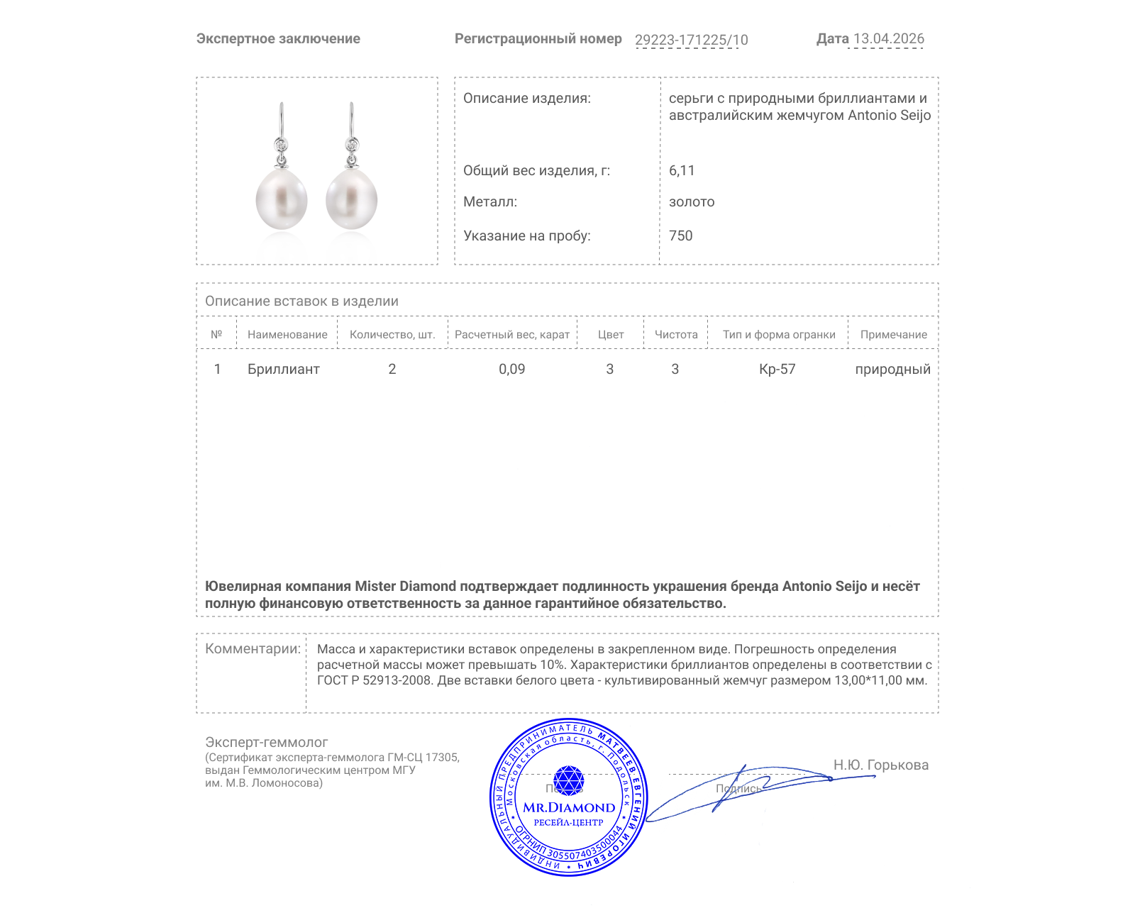 Оригинальные золотые серьги с бриллиантами 0.09ct Antonio Seijo