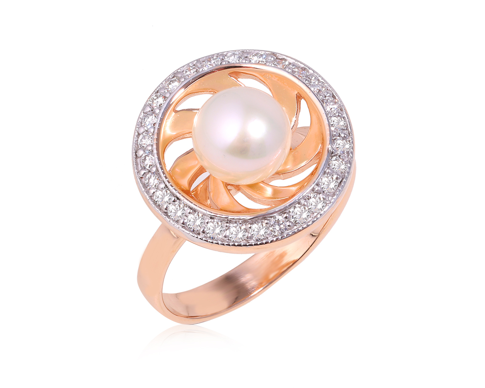 Золотое кольцо с жемчугом 7.40 мм и бриллиантами 0.42ct 041224/6