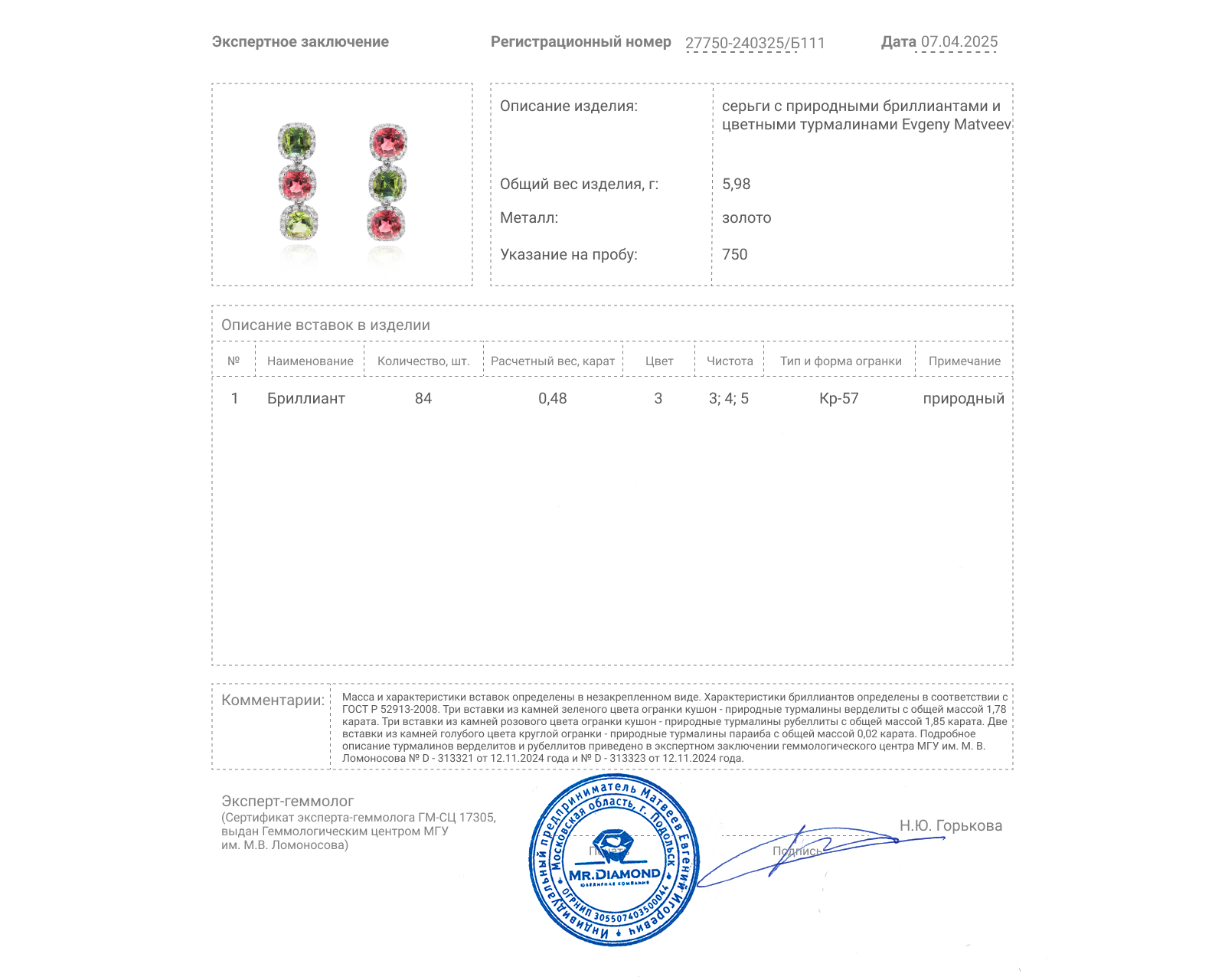 Золотые серьги с цветными турмалинами 3.65ct Evgeny Matveev