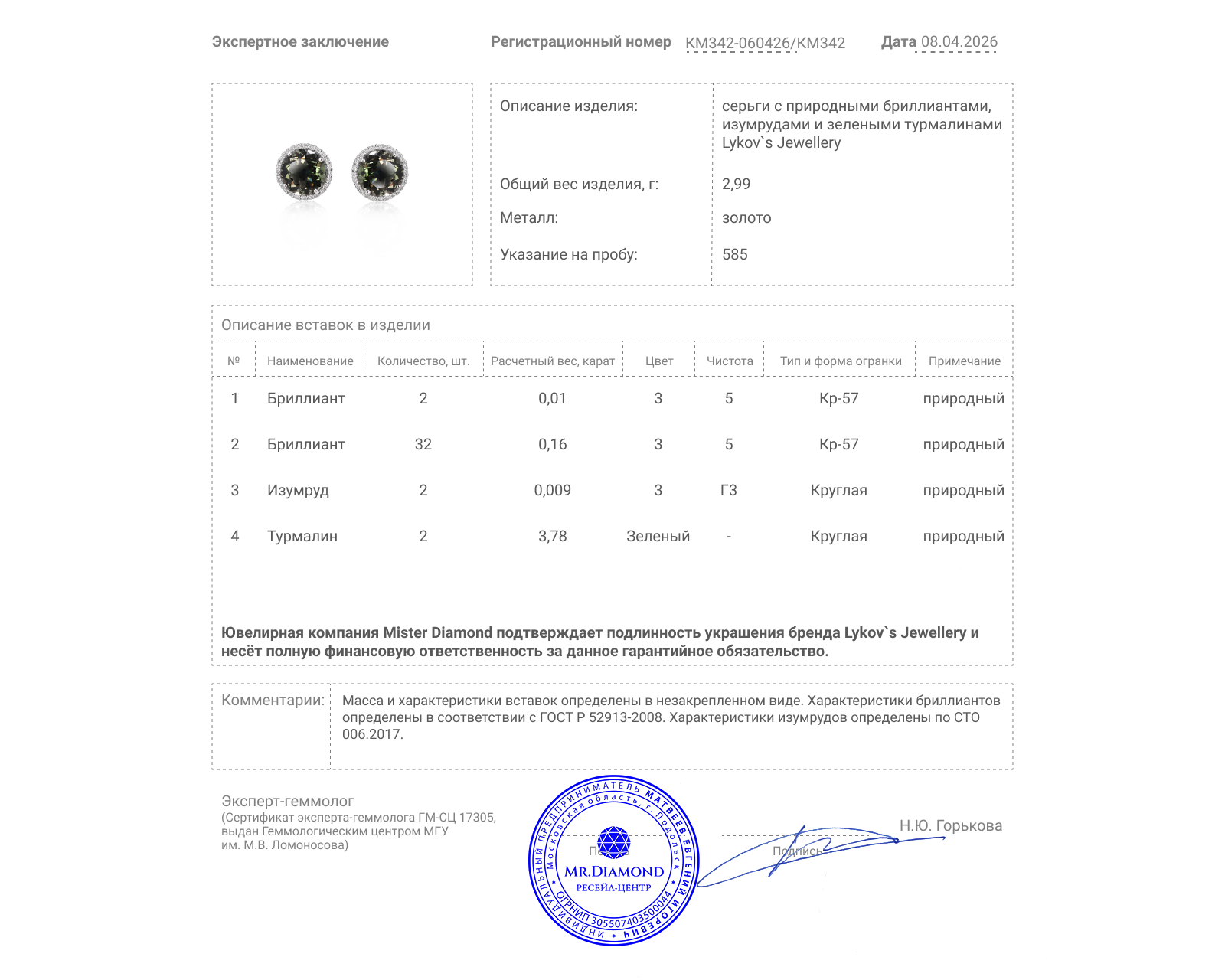 Оригинальные золотые серьги с зелеными турмалинами 3.78ct Lykov`s Jewellery
