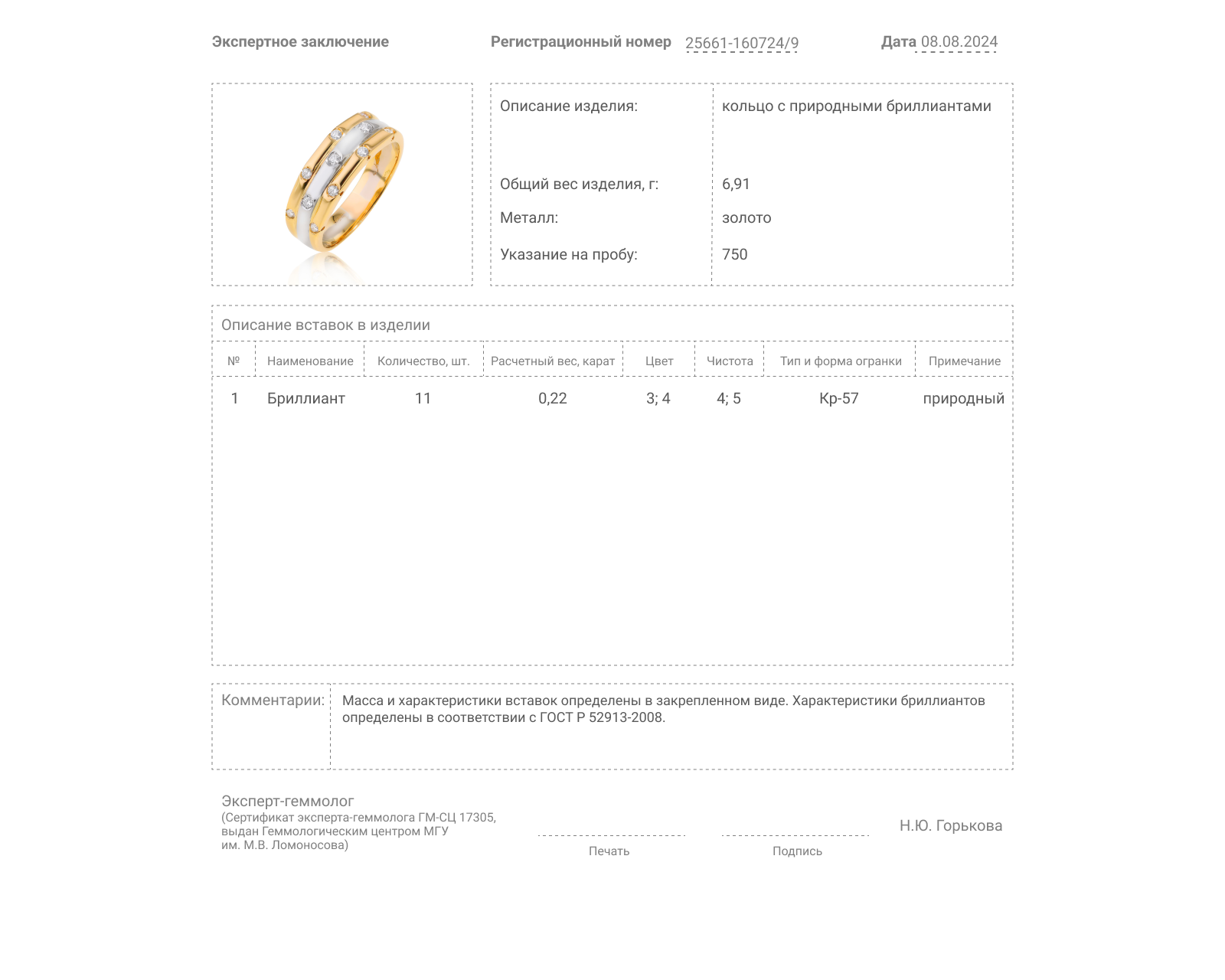 Золотое кольцо с бриллиантами 0.22ct