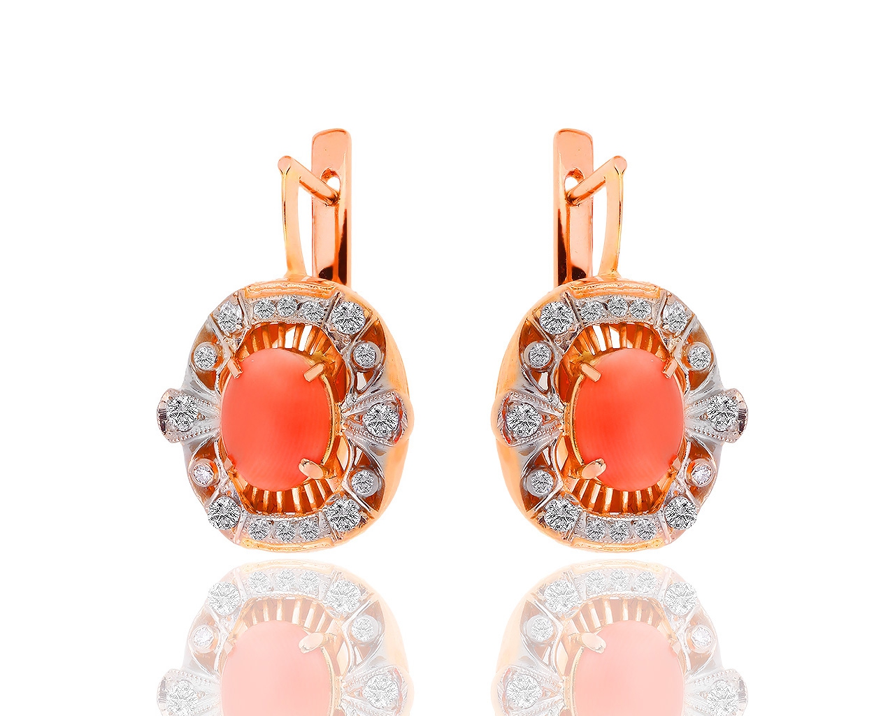 Золотые серьги с кораллами и бриллиантами 0.52ct 171218/2
