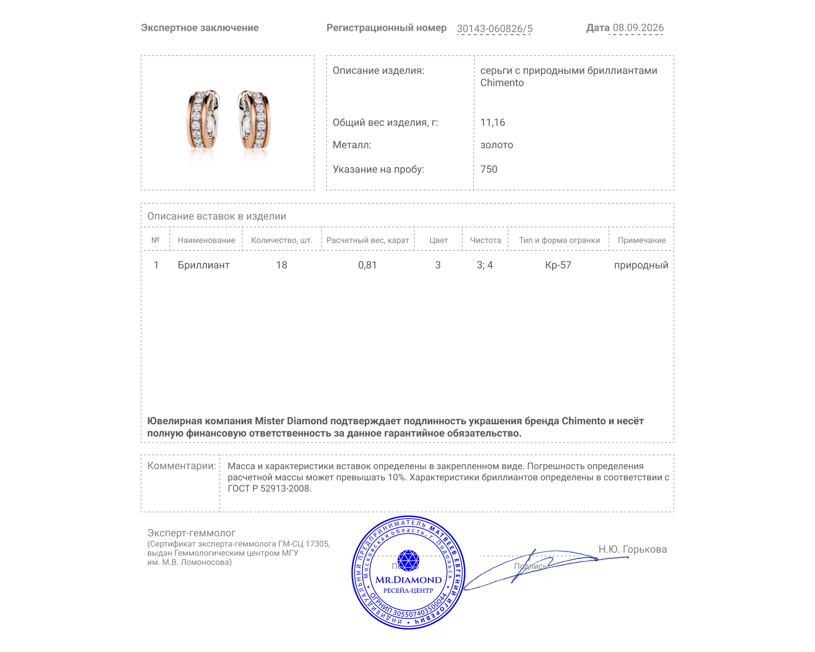 Оригинальные золотые серьги с бриллиантами 0.81ct Chimento