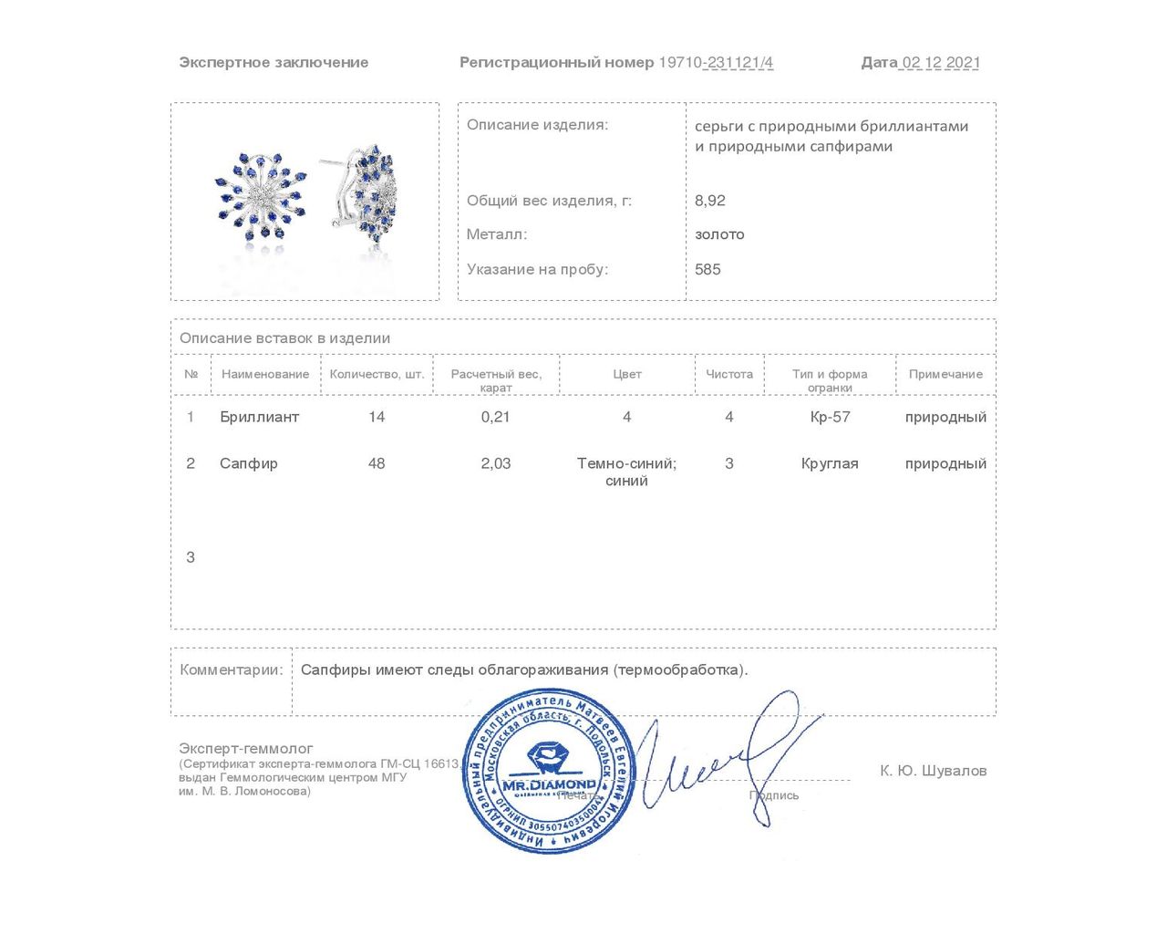 Чарующие золотые серьги с сапфирами 2.03ct