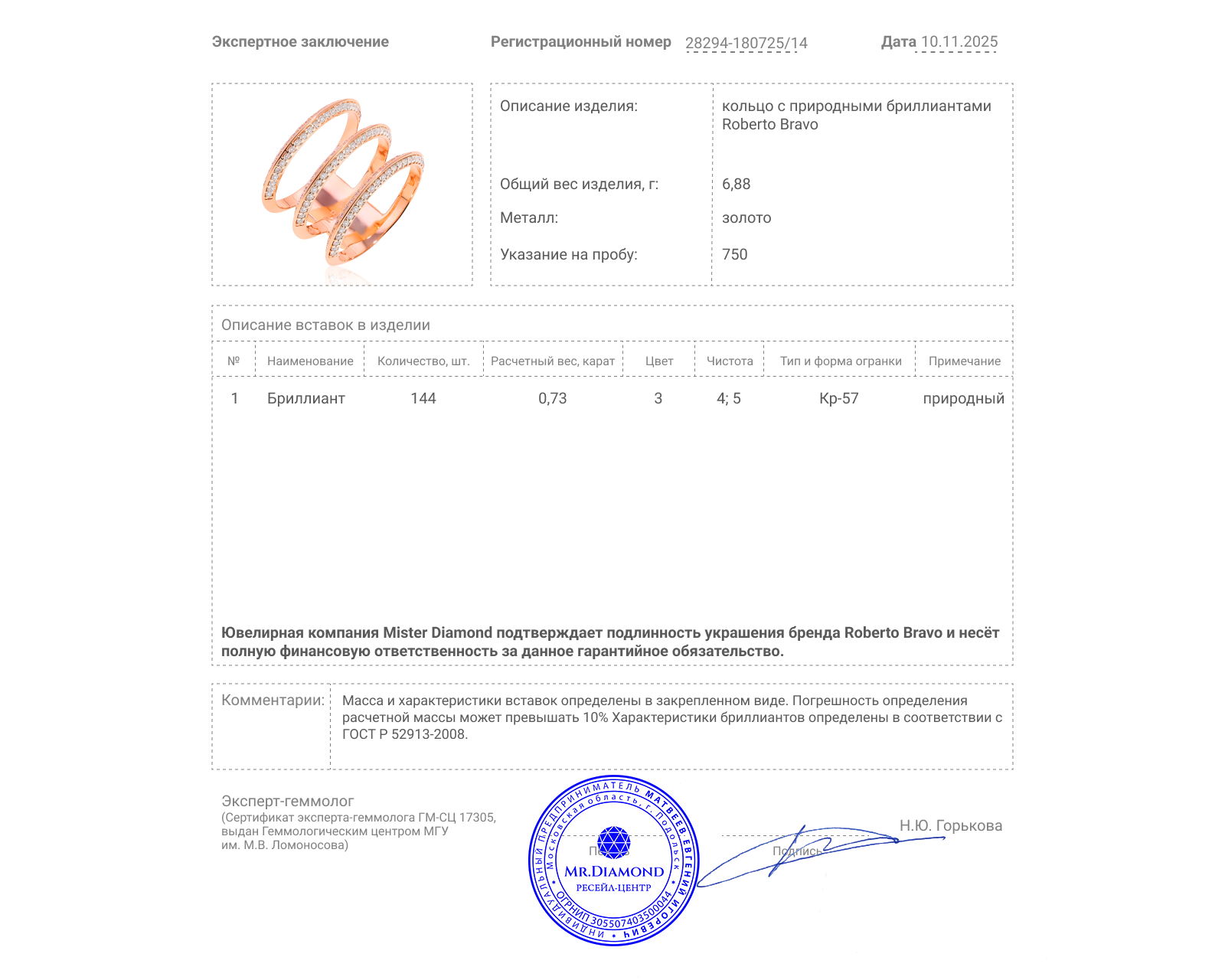 Оригинальное золотое кольцо с бриллиантами 0.73ct Roberto Bravo