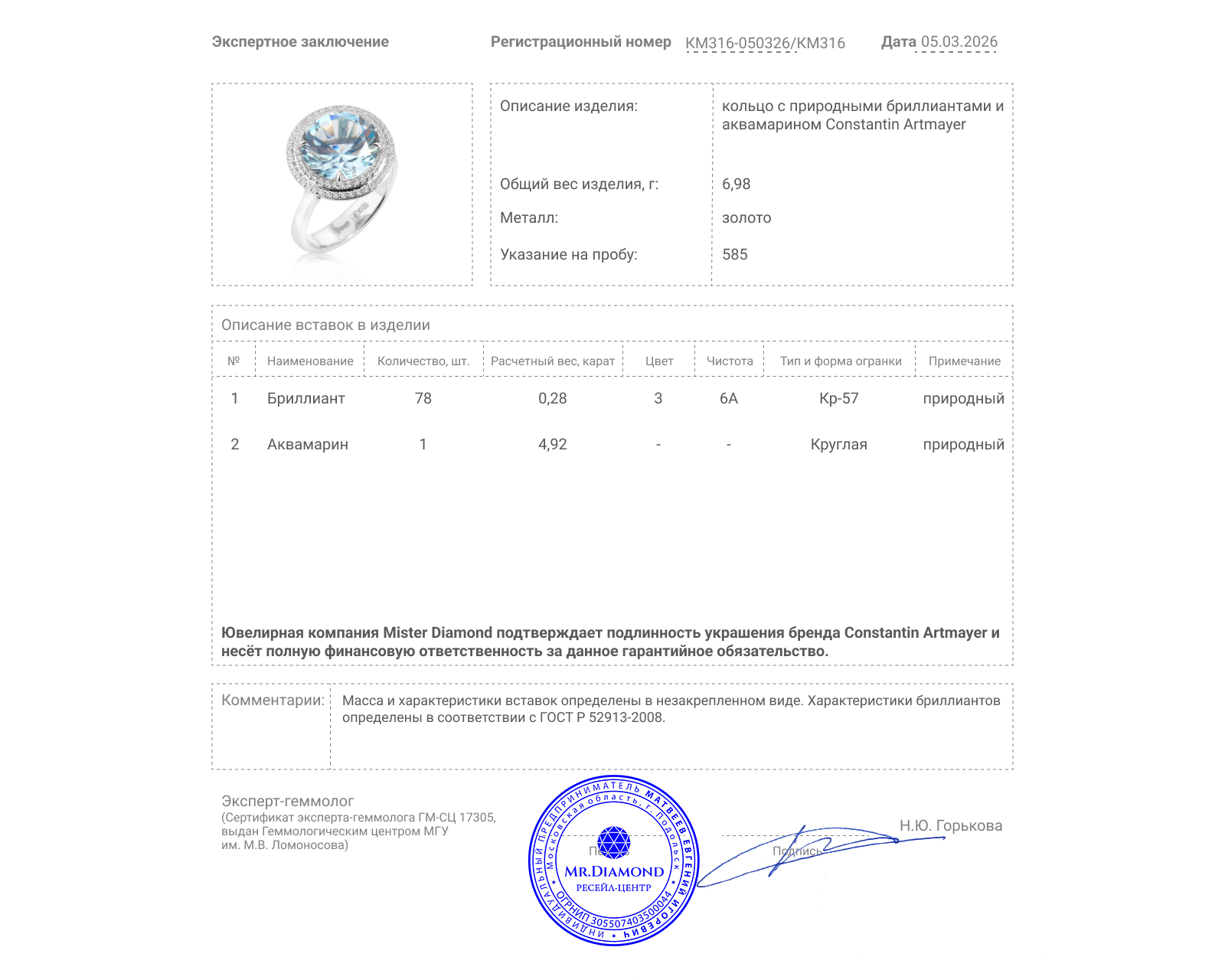 Оригинальное золотое кольцо с аквамарином 4.92ct Constantin Artmayer