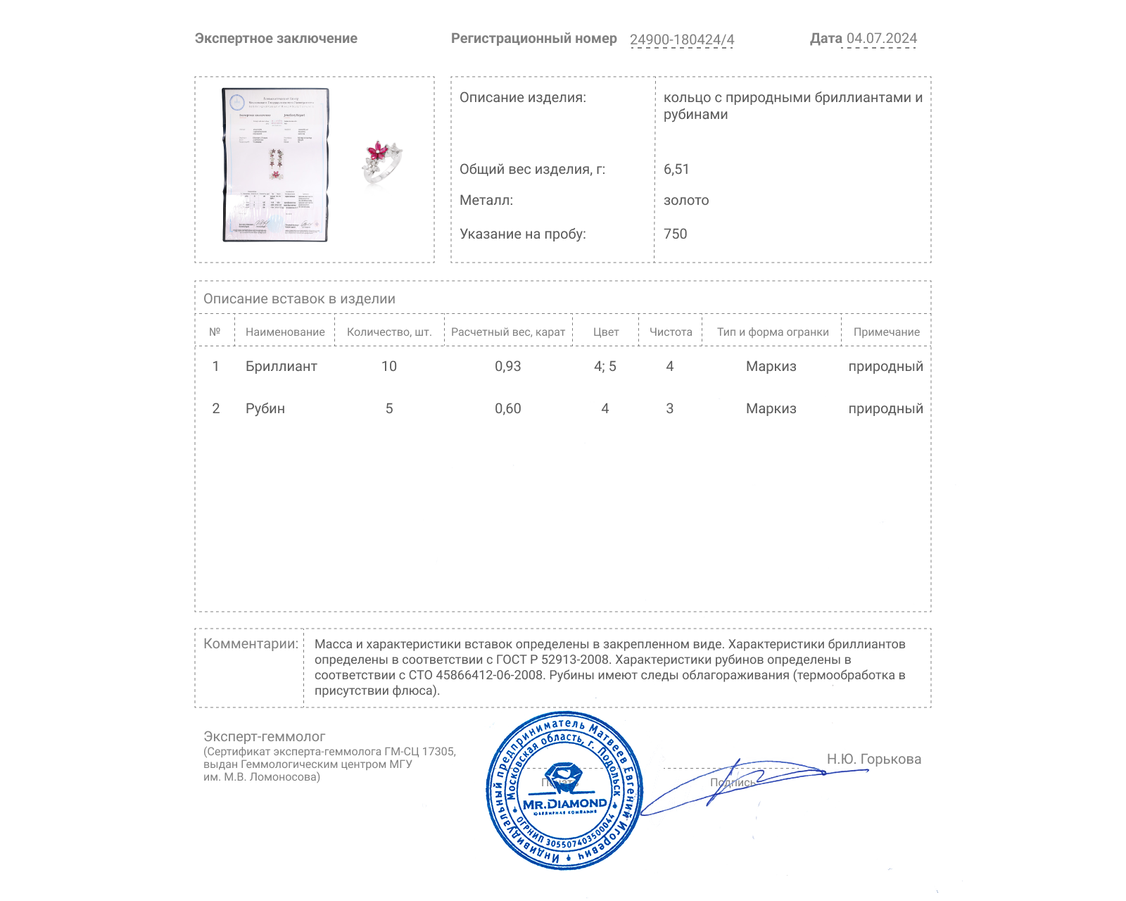 Золотое кольцо с рубинами 0.75ct и бриллиантами 0.93ct