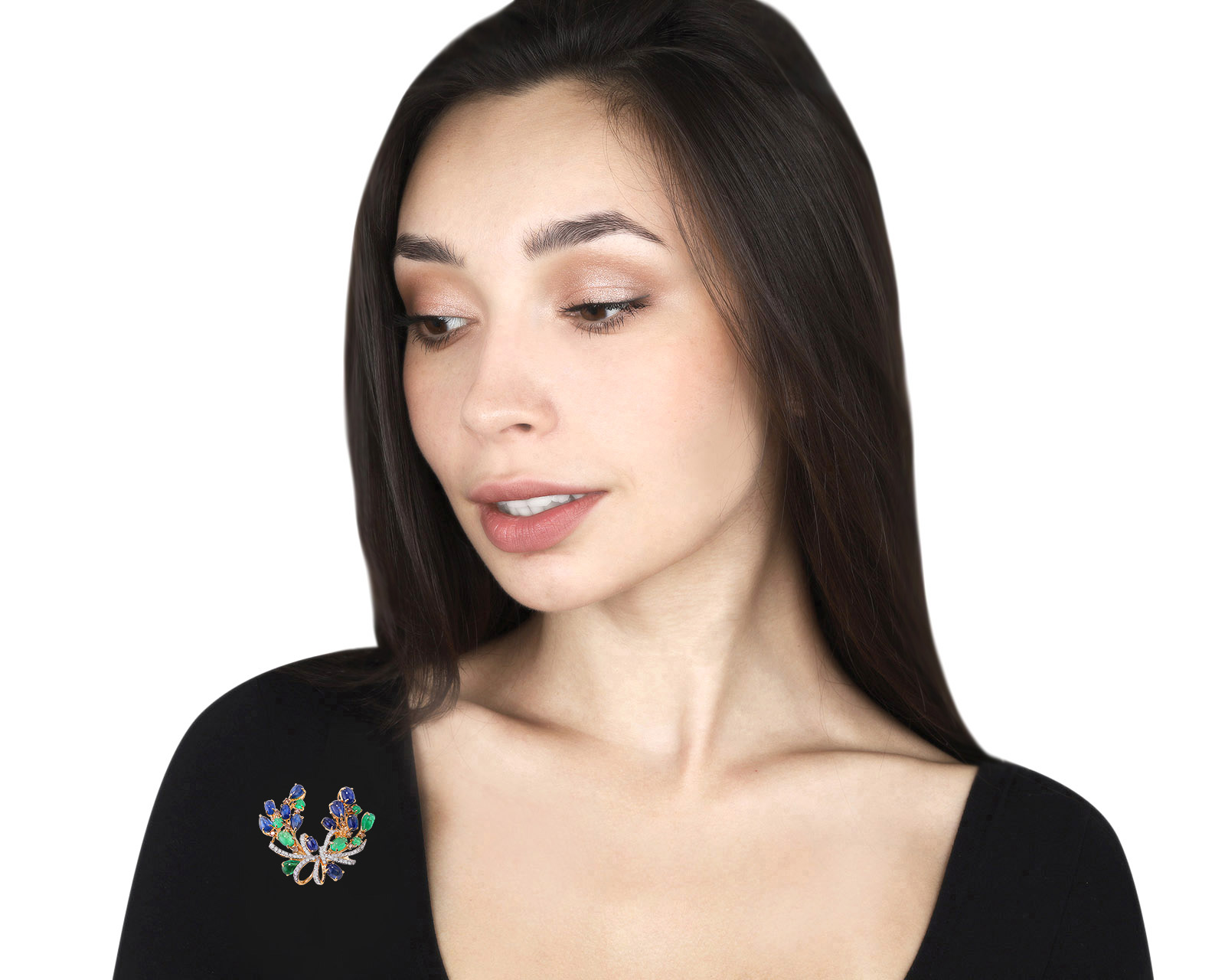 Золотая брошь с изумрудами 1.60ct и сапфирами 4.05ct