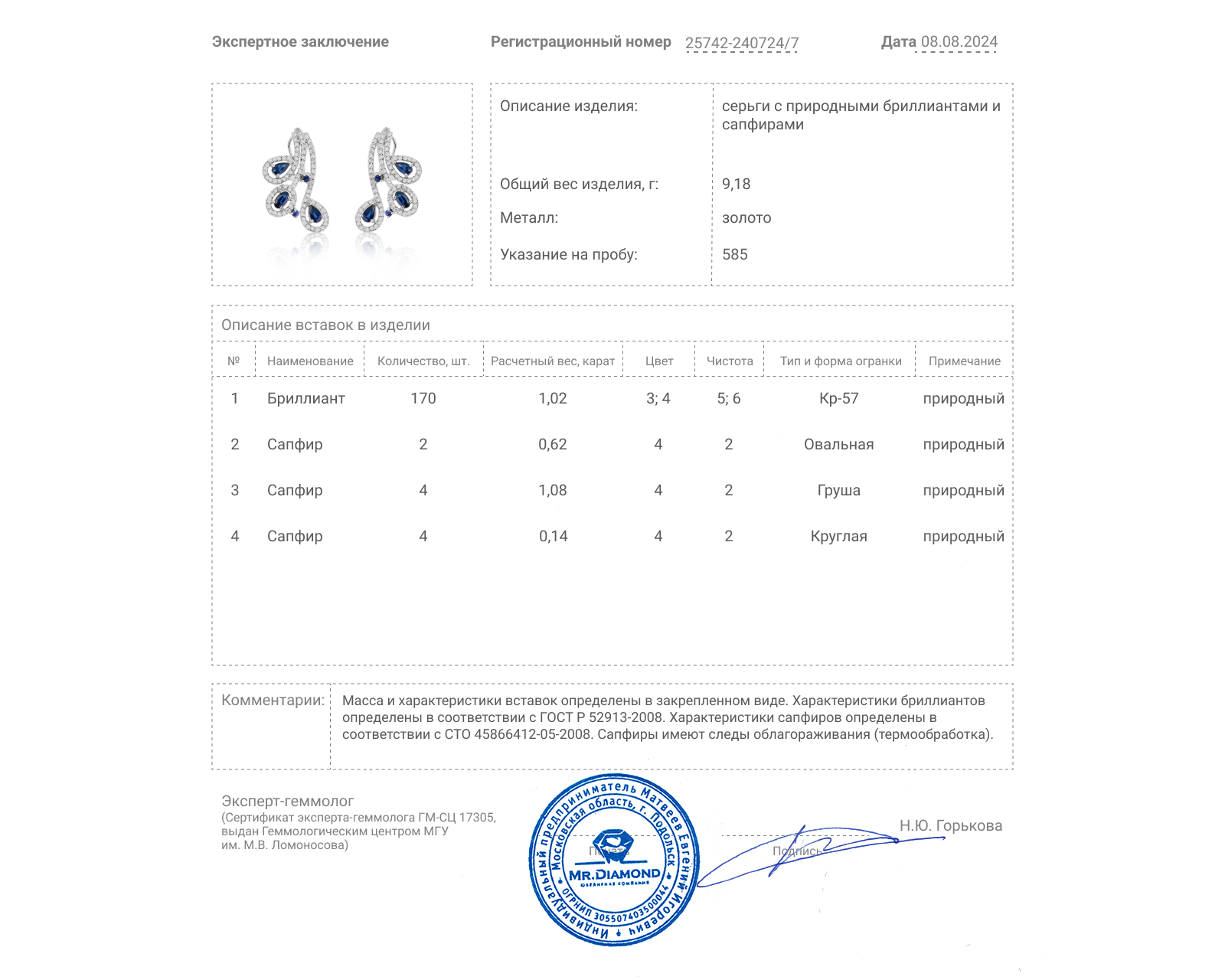 Золотые серьги с сапфирами 1.84ct и бриллиантами 1.02ct