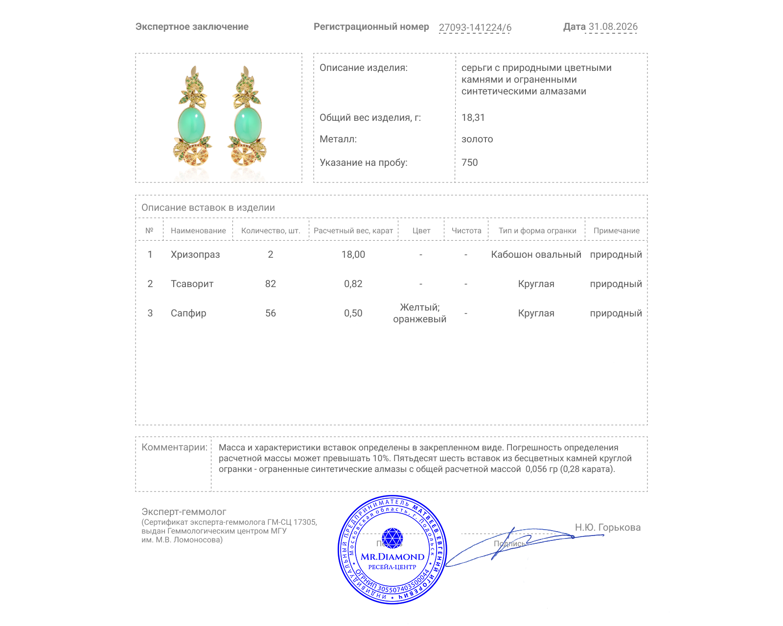 Золотые серьги с хризопразами 18.00ct и тсаворитами 0.82ct