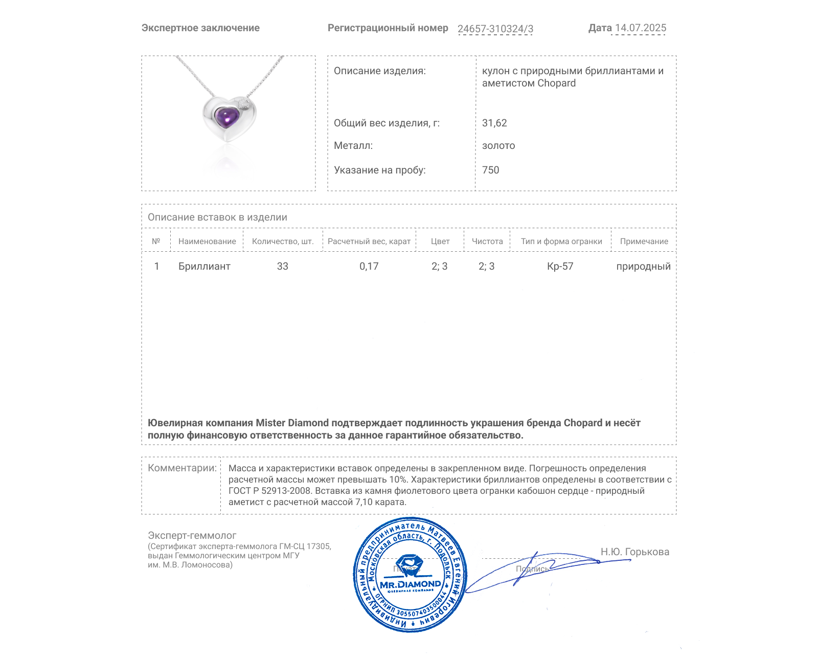 Оригинальный золотой кулон с аметистом 7.10ct Chopard