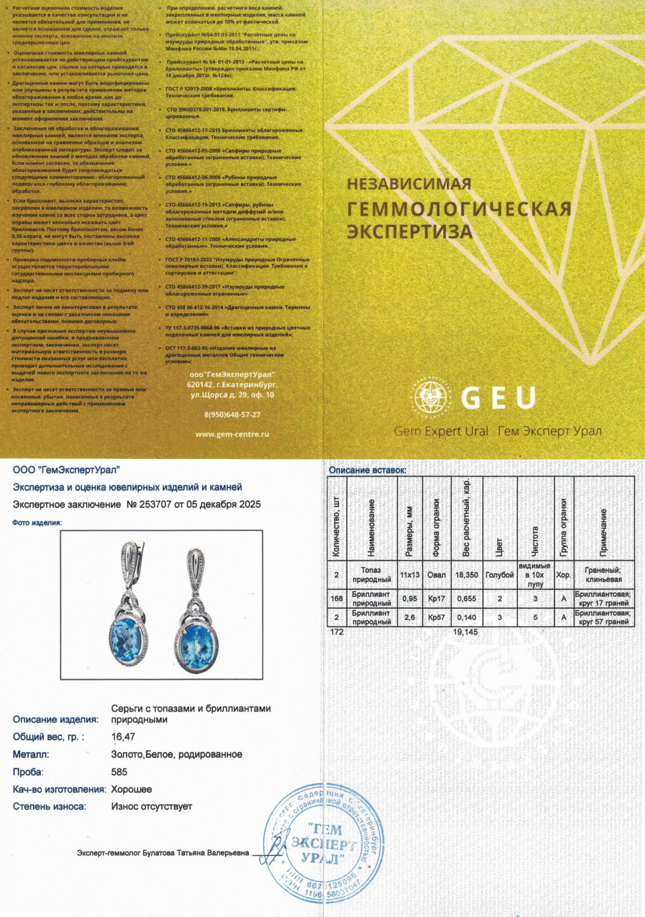 Оригинальные золотые серьги с топазами 18.35ct Constantin Artmayer
