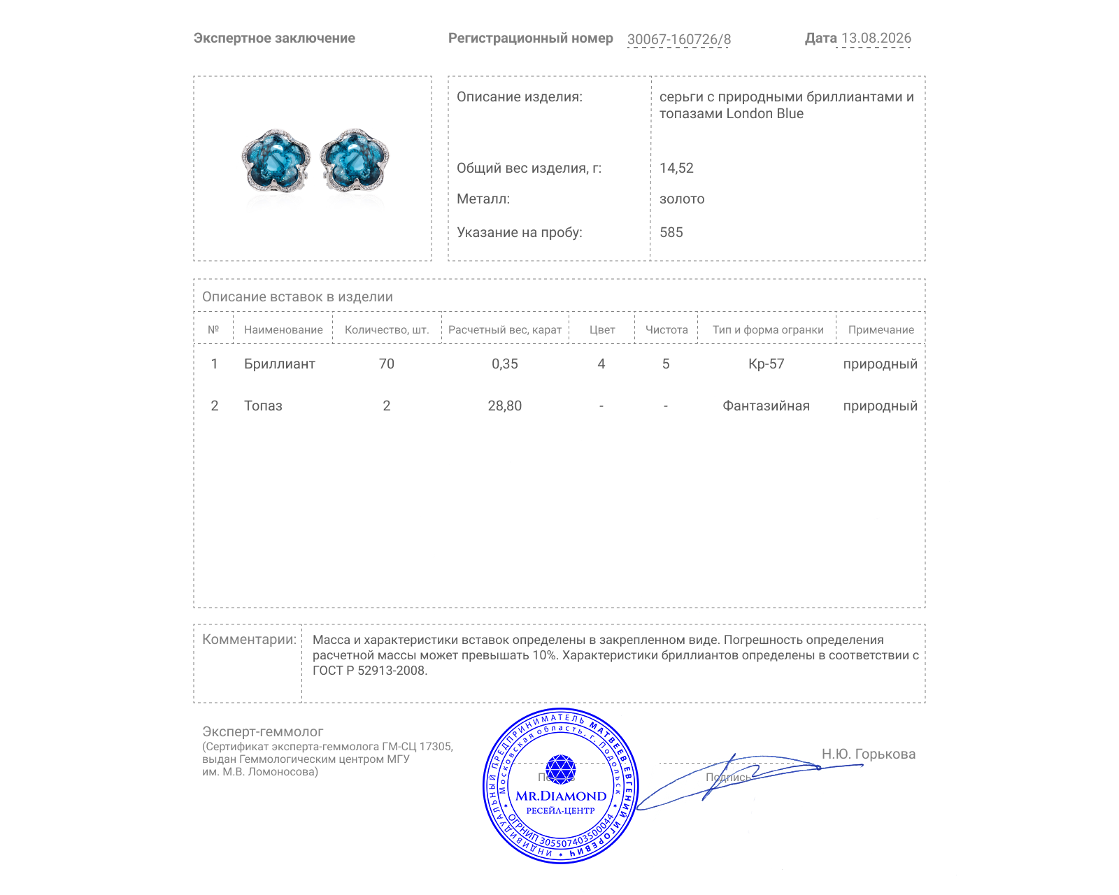 Золотые серьги с топазами 28.80ct и бриллиантами 0.35ct