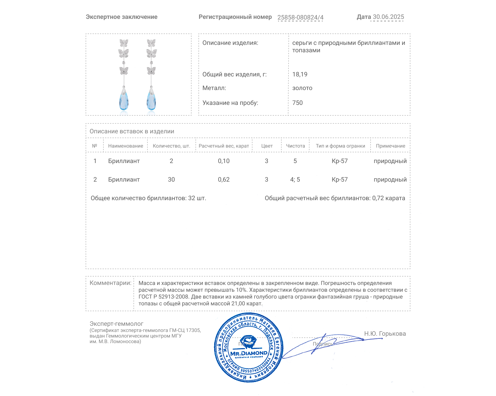 Золотые серьги с топазами 21.00ct и бриллиантами 0.72ct