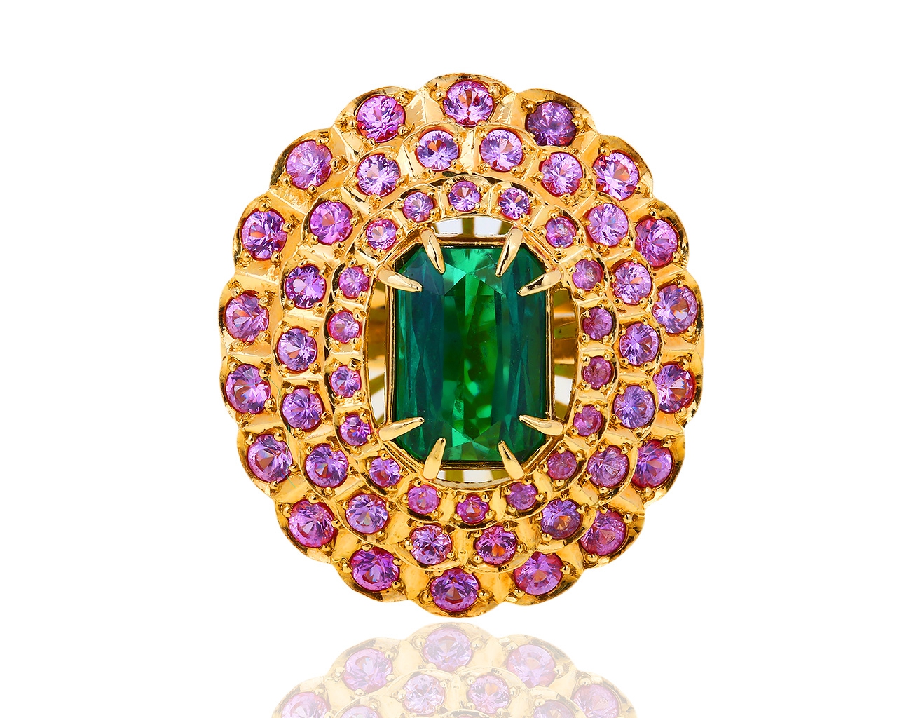 Золотое кольцо с зеленым турмалином и розовыми сапфирами