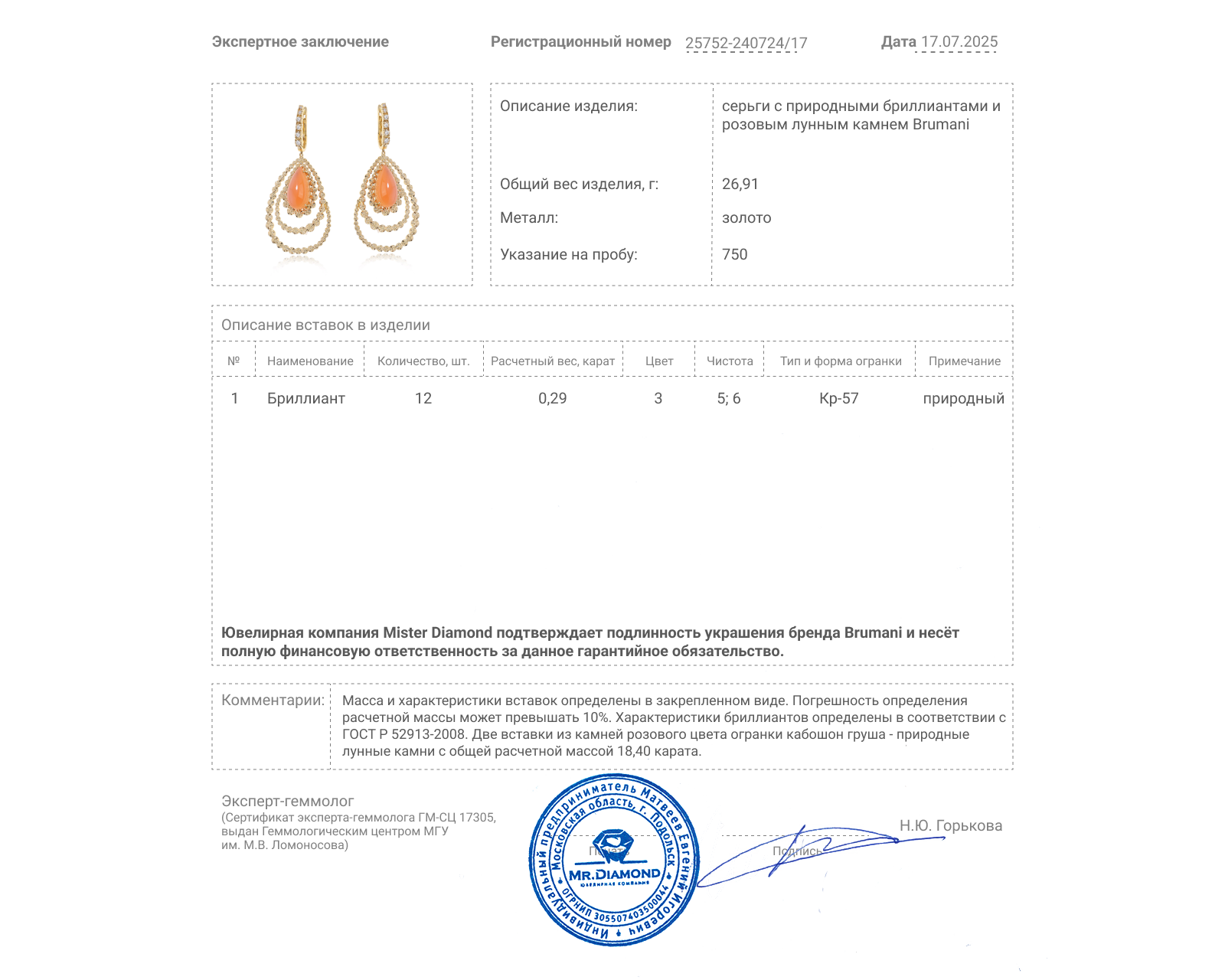 Оригинальные золотые серьги с лунным камней 18.40ct Brumani