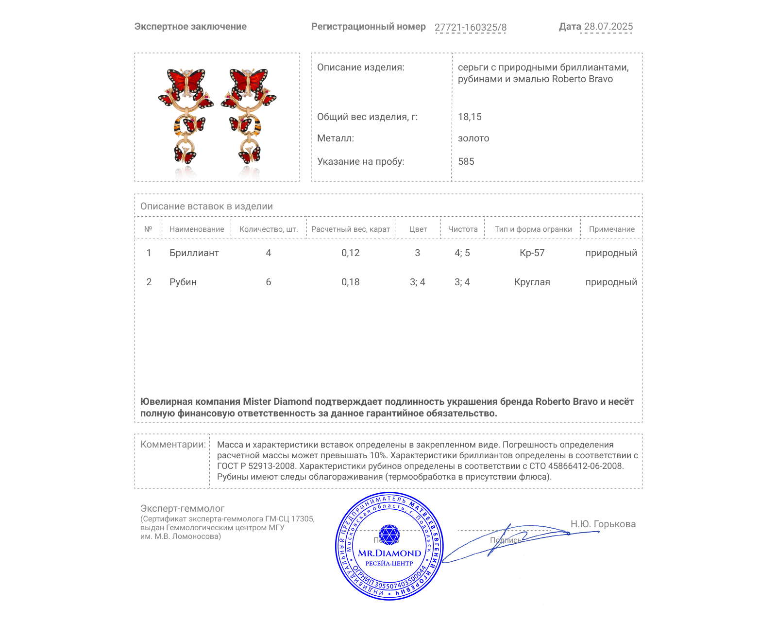 Оригинальные золотые серьги с рубинами 0.18ct Roberto Bravo