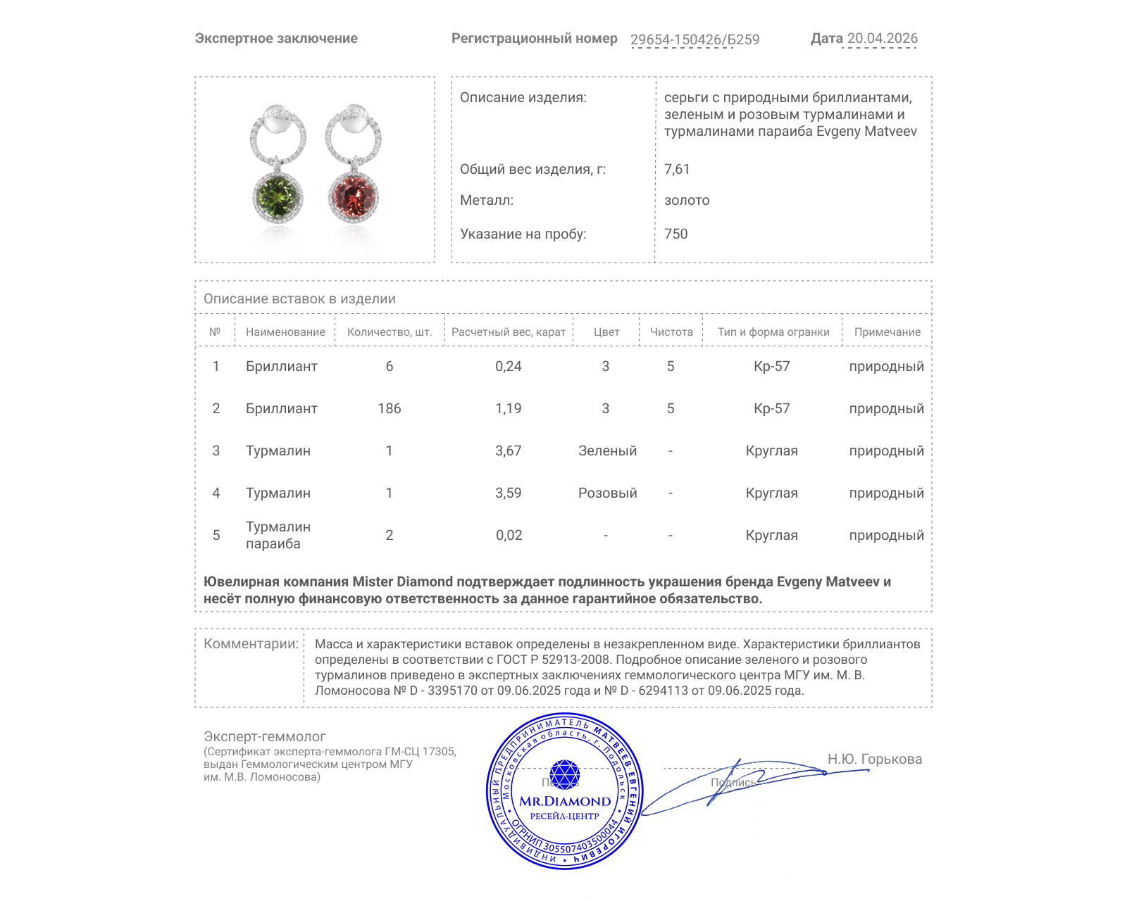 Золотые серьги с цветными турмалинами 7.26ct Evgeny Matveev