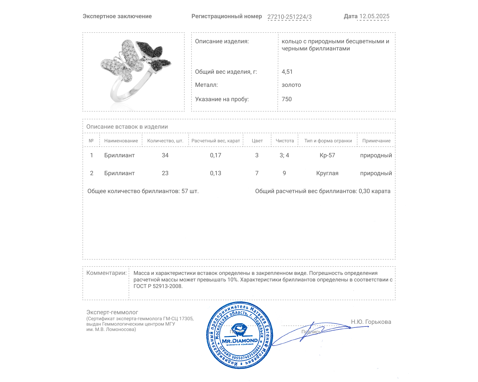 Золотое кольцо с бриллиантами 0.30ct