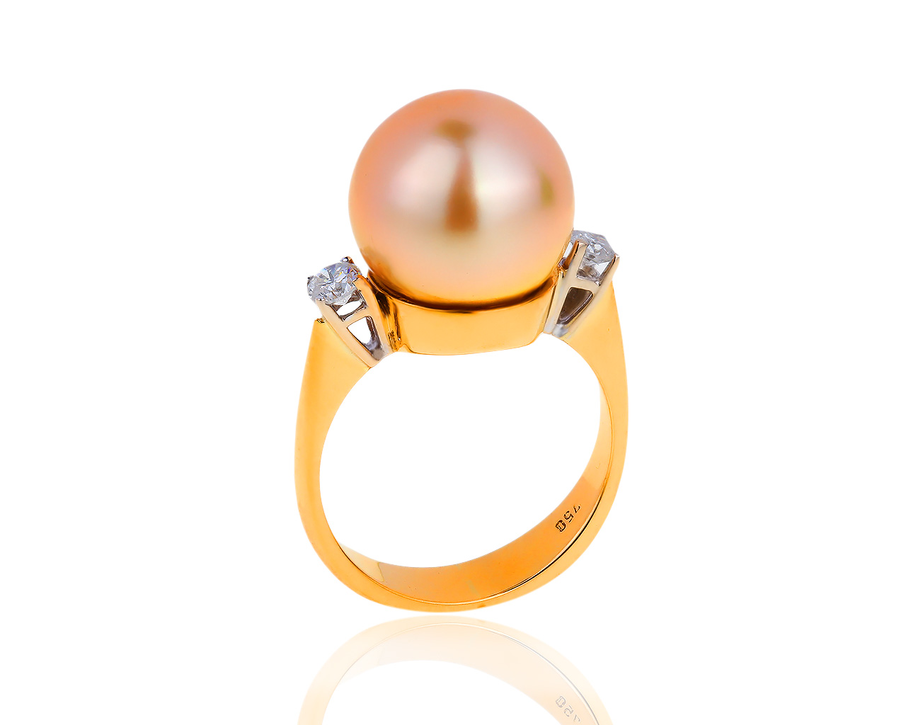 Золотое кольцо с золотистым жемчугом и бриллиантами 0.20ct