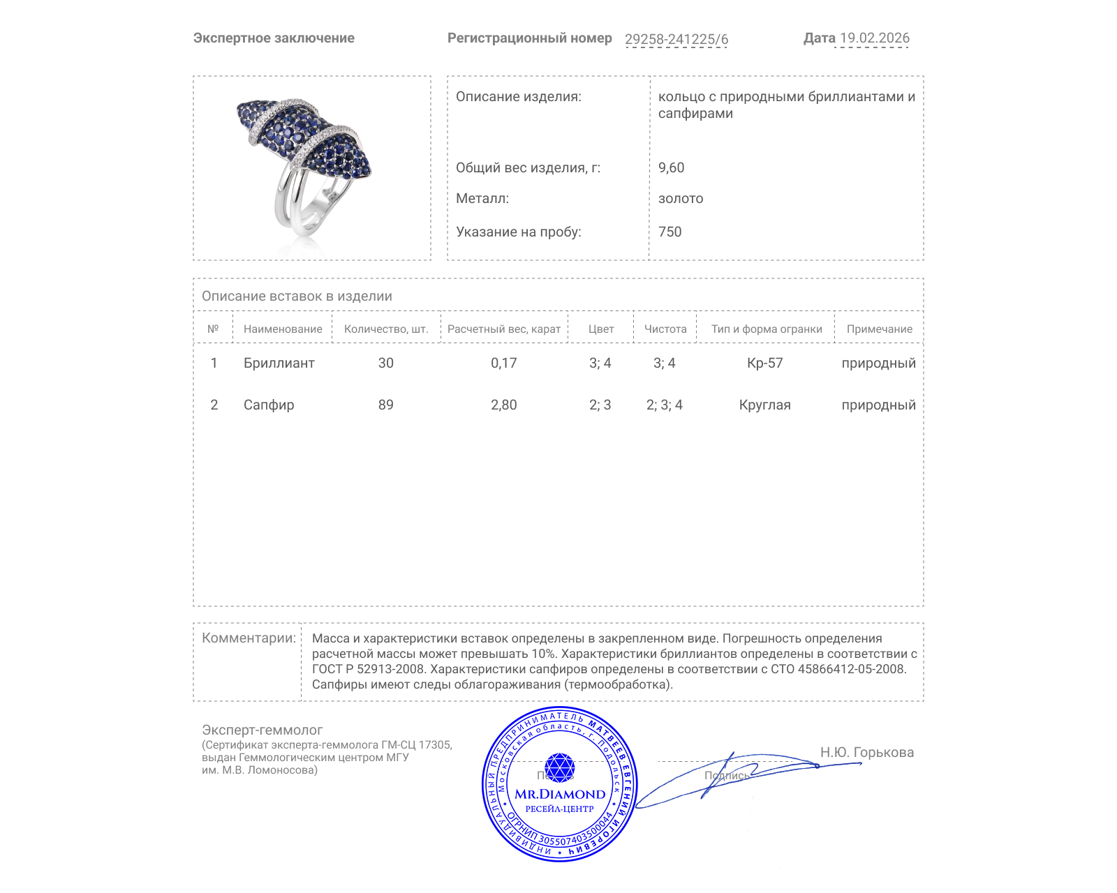 Золотое кольцо с сапфирами 2.80ct и бриллиантами 0.17ct