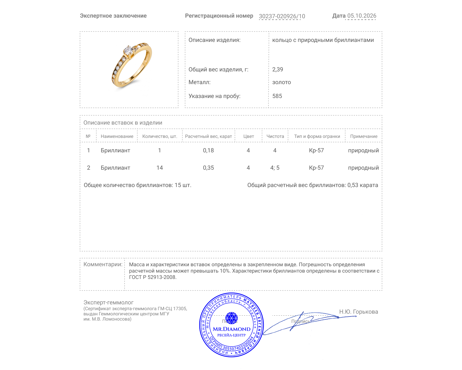 Золотое кольцо с бриллиантами 0.53ct
